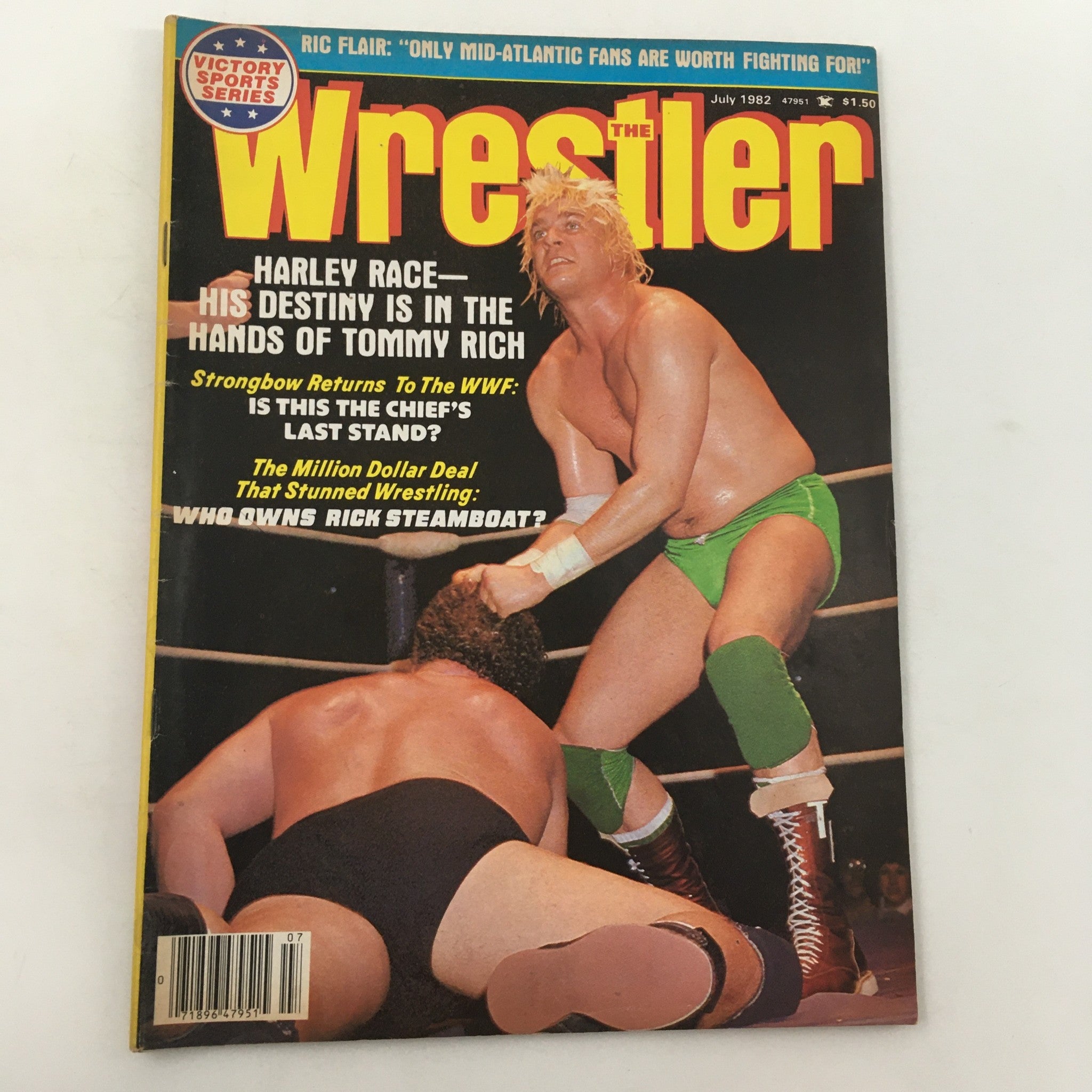 Cover of The Wrestler Magazine July 1982 featuring Harley Race and Tommy Rich in action, highlighting articles on wrestling culture and iconic matches.