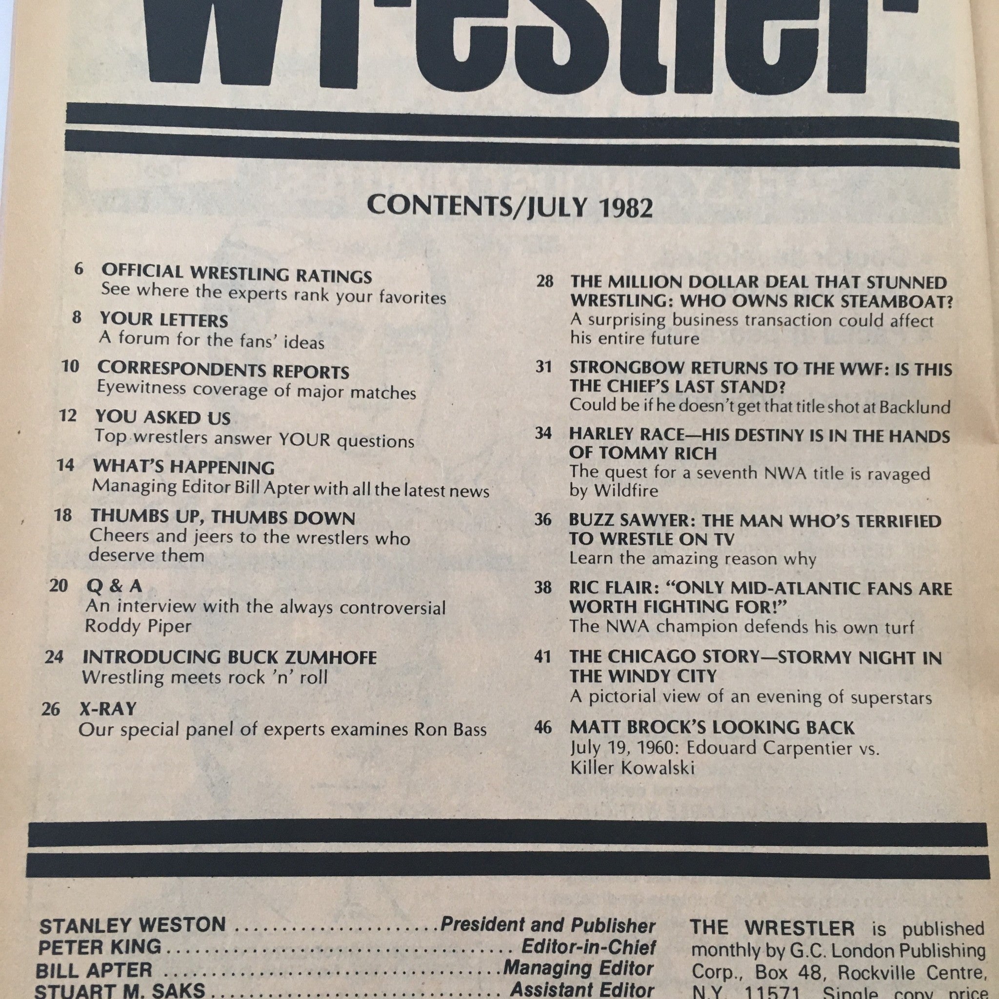 Table of contents from The Wrestler Magazine July 1982, detailing key features such as interviews, wrestling ratings, and major match coverage.