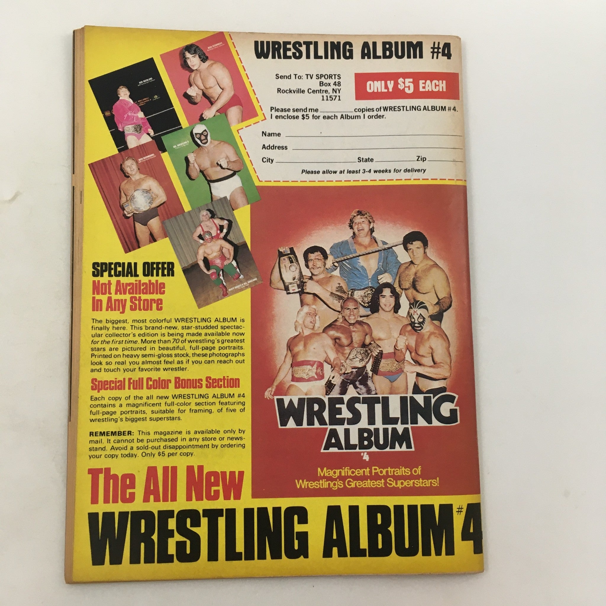 The Wrestler Magazine July 1982 cover featuring Harley Race and Tommy Rich with a promotional offer for Wrestling Album #4.