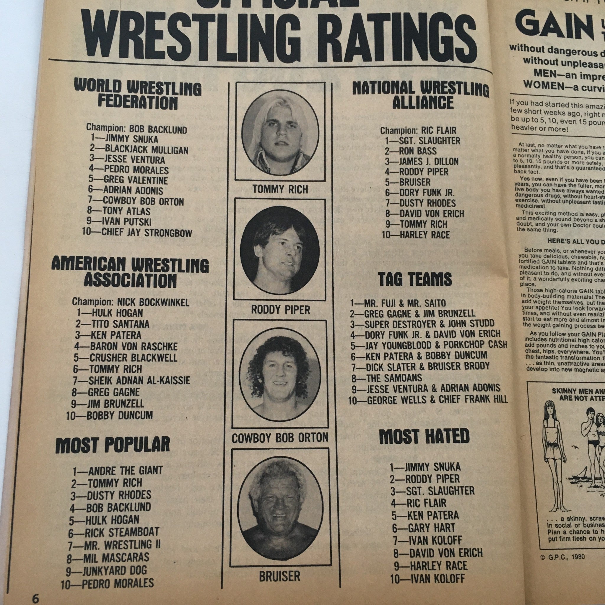 Inside page of The Wrestler Magazine July 1982 displaying official wrestling ratings for various wrestling organizations, including Tommy Rich and Roddy Piper.