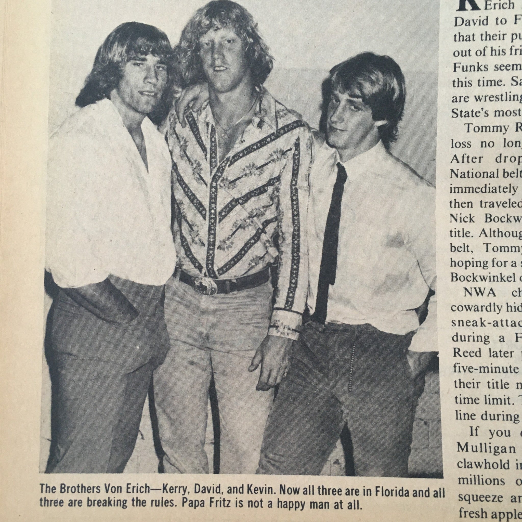 Inside photograph from The Wrestler Magazine July 1982 showcasing the Von Erich brothers, Kerry, David, and Kevin, highlighting their significance in wrestling history.