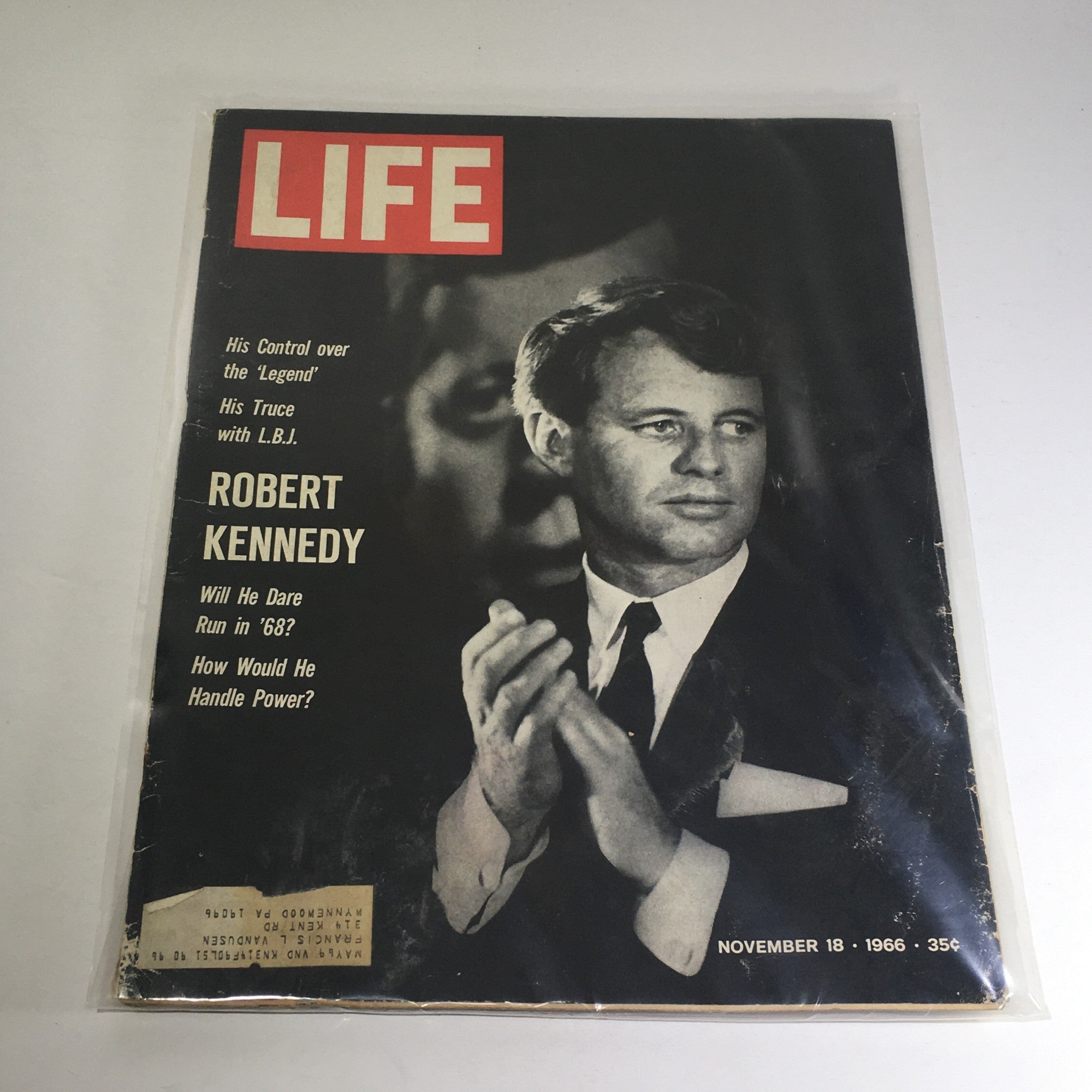 Cover of VTG Life Magazine: November 18 1966 featuring Robert Kennedy, with headline discussing his potential presidential candidacy in 1968.