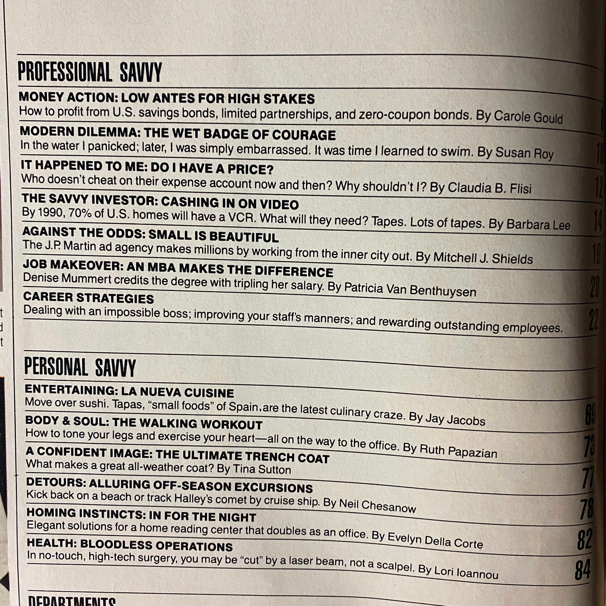 Interior page from Savvy Magazine October 1985 showcasing the table of contents. Features articles about financial strategies, personal development, and the rise of video investments, emphasizing insights for career advancement.