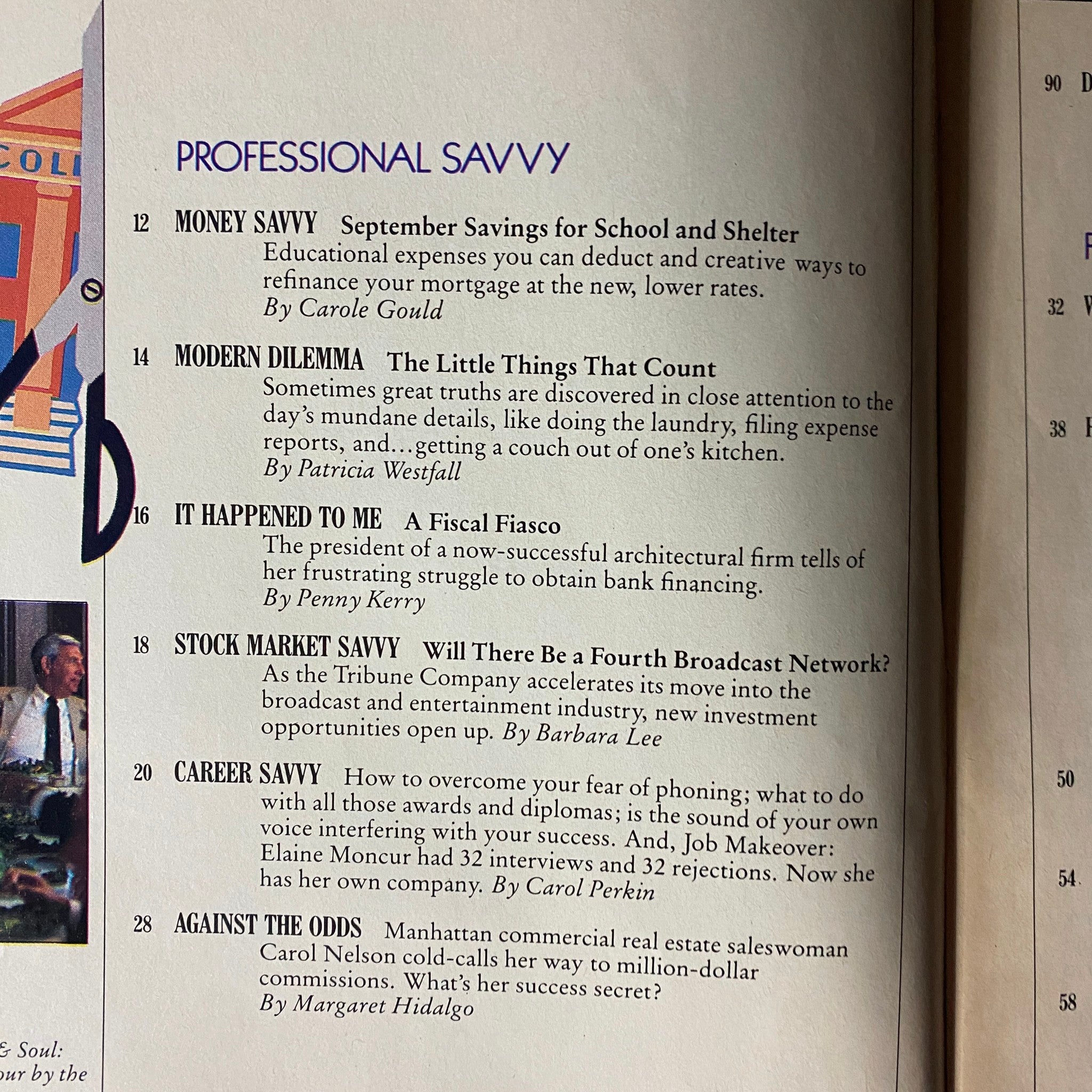 Savvy Magazine September 1985 - Table of contents featuring articles on career strategies, financial insights, and professional advice, including 'Money Savvy' and 'Career Savvy'.