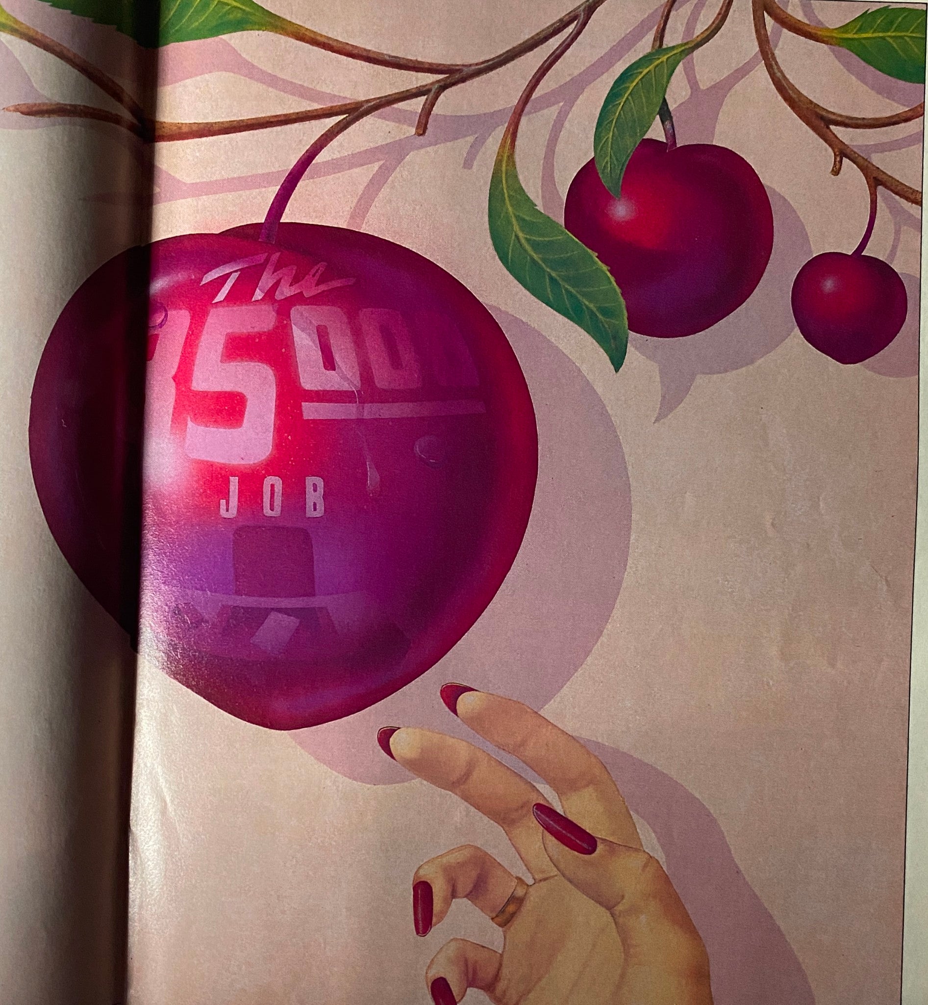 Savvy Magazine September 1985 - Colorful illustration of a cherry with 'The $35,000 Job' text, symbolizing lucrative career opportunities discussed in the magazine.