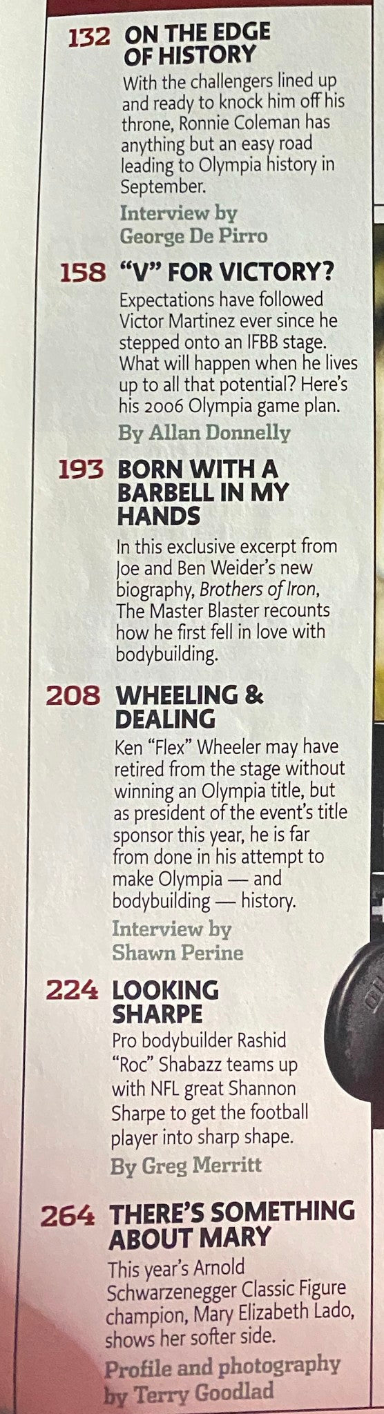 Flex Magazine October 2006 issue featuring a collage of articles about bodybuilding, including titles like 'On the Edge of History' and 'There’s Something About Mary'.
