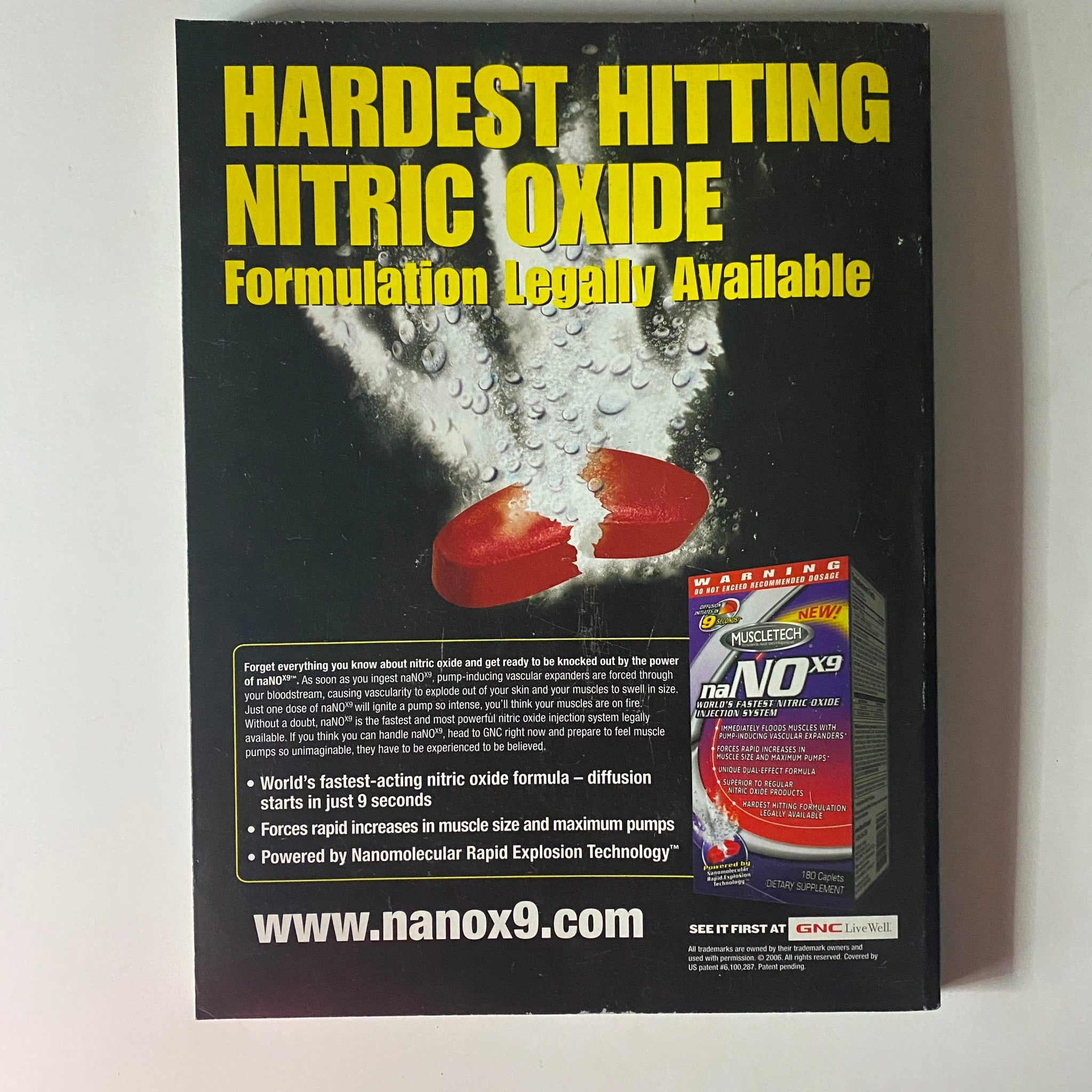 Back cover of Flex Magazine October 2006 highlighting nitric oxide supplements with a branded advertisement for MuscleTech's NanoX9.