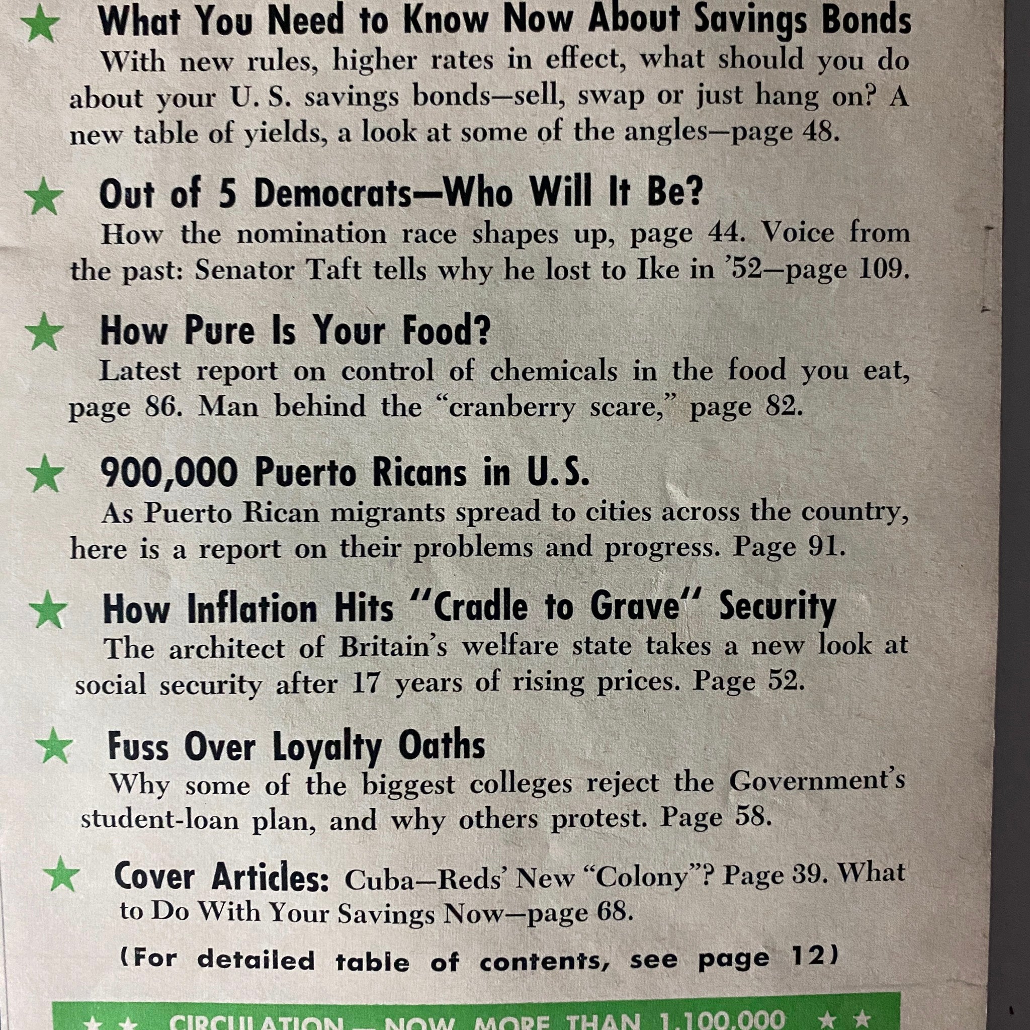 Inside page of U.S. News & World Report Magazine, December 7, 1959, showcasing articles on savings bonds, Puerto Rican migrants, and food safety. Key topics include '900,000 Puerto Ricans in U.S.' and 'How Inflation Hits "Cradle to Grave" Security,' reflecting the historical context of the era.