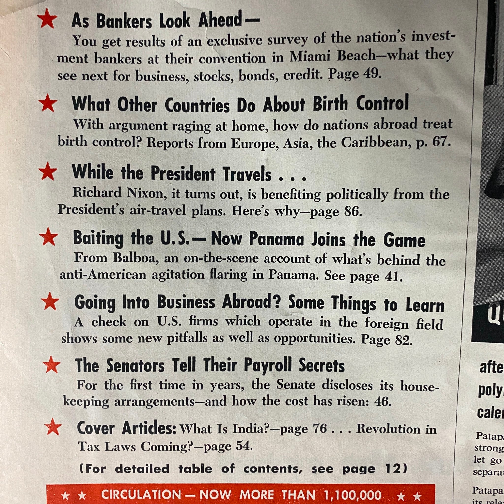 Interior page of U.S. News & World Report Magazine December 14, 1959 showing article summaries including topics on birth control and political issues.