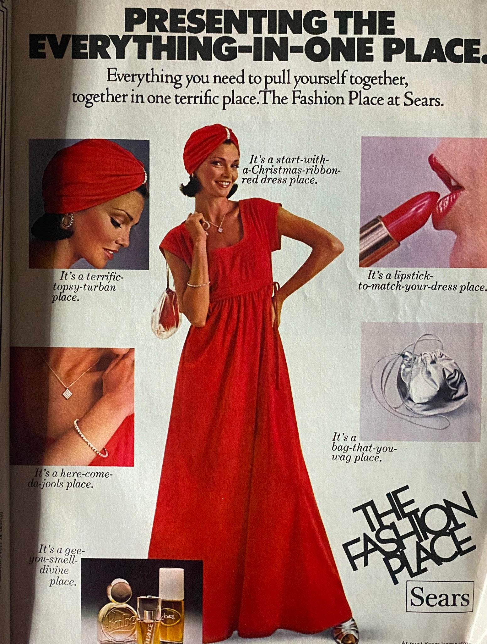 A fashion advertisement featuring models in red attire and accessories, from the Family Circle Magazine December 1976 edition, highlighting seasonal styles.