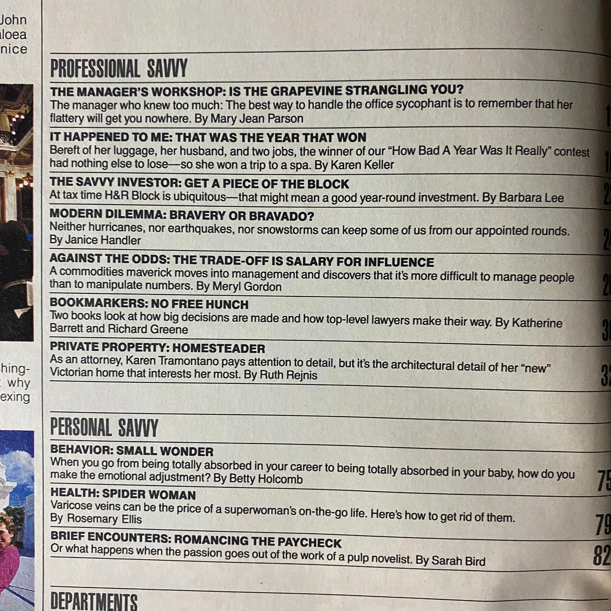 Interior page of Savvy Magazine June 1986 highlighting articles on workplace strategy, personal finance, and women's roles in business.