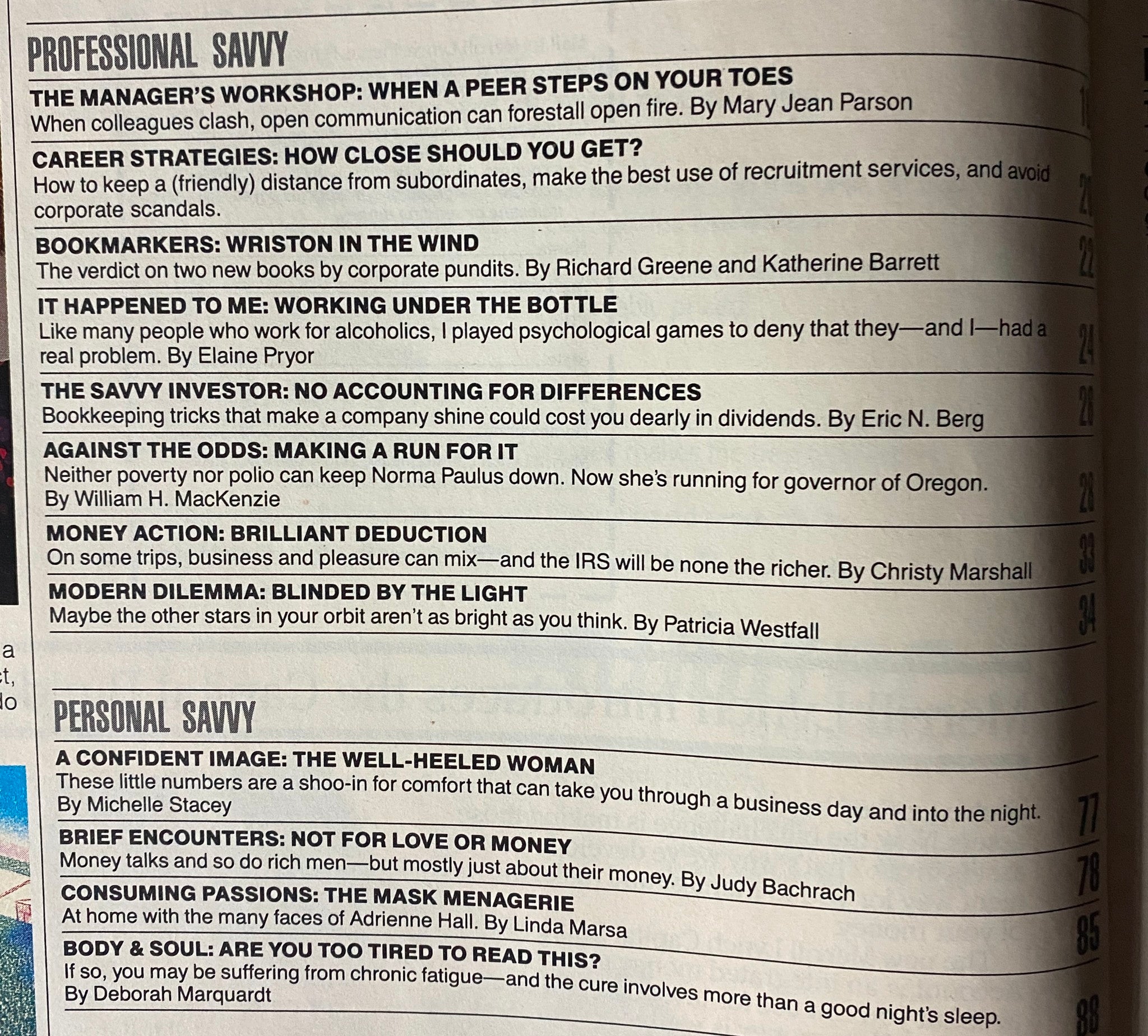 Savvy Magazine April 1986 pages featuring articles on professional strategies and personal insights for women in business, showcasing the top U.S. businesses run by women.
