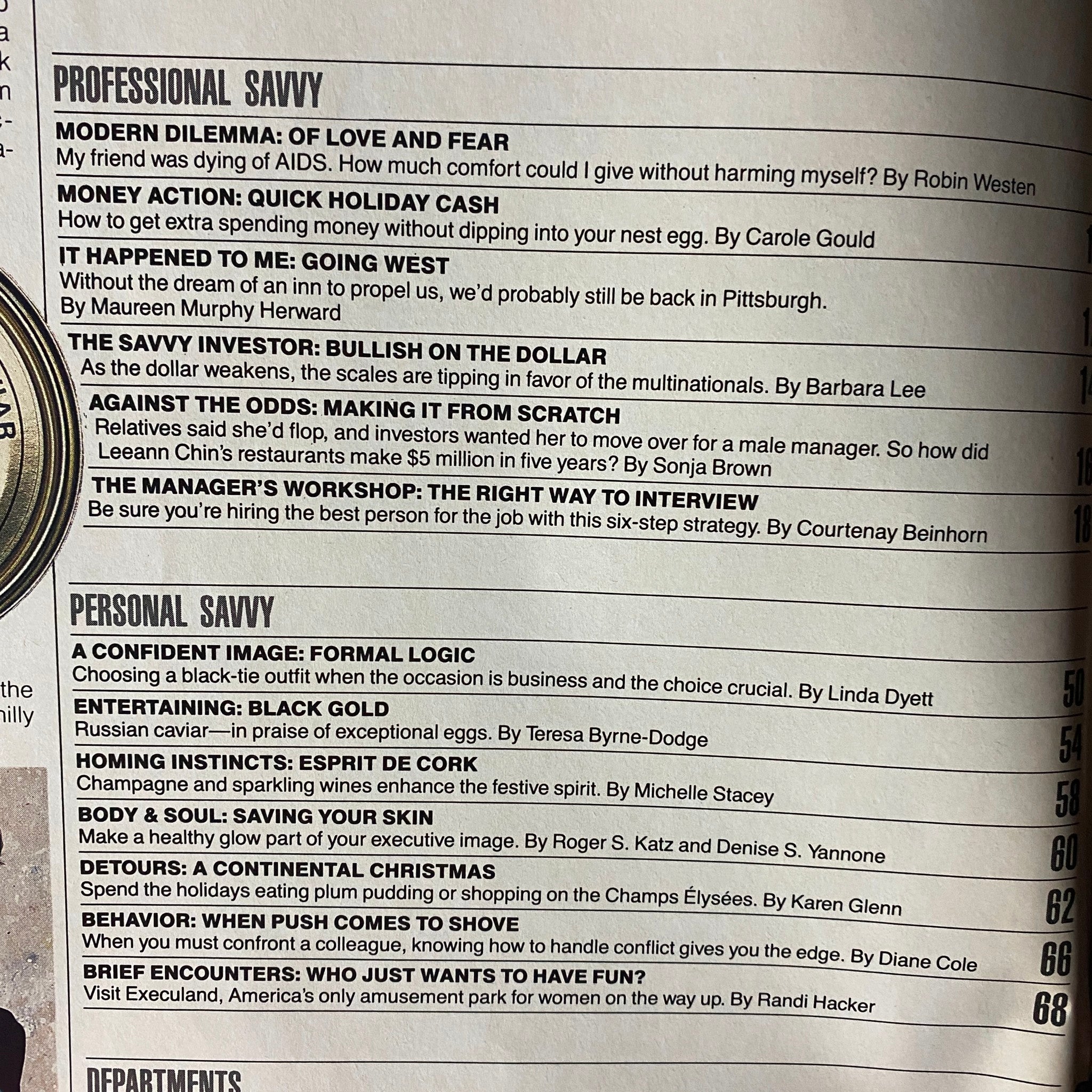 Contents page of Savvy Magazine December 1985 displaying featured articles, including 'Modern Dilemma: Of Love and Fear' and 'The Savvy Investor: Bullish on the Dollar', highlighting key topics for professional women.