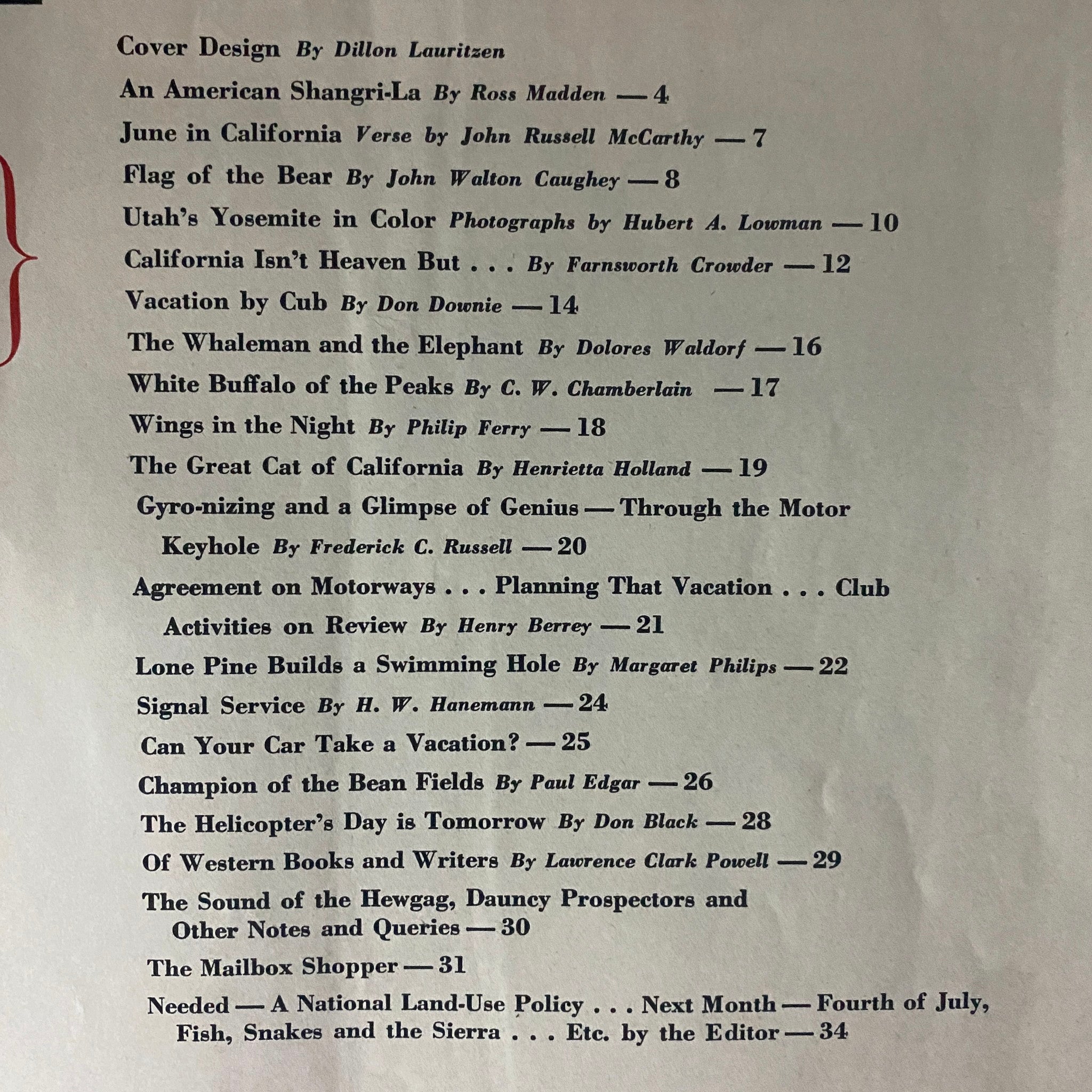 Table of contents from Westways Magazine June 1946, listing articles and illustrations that explore California's culture and travel themes.