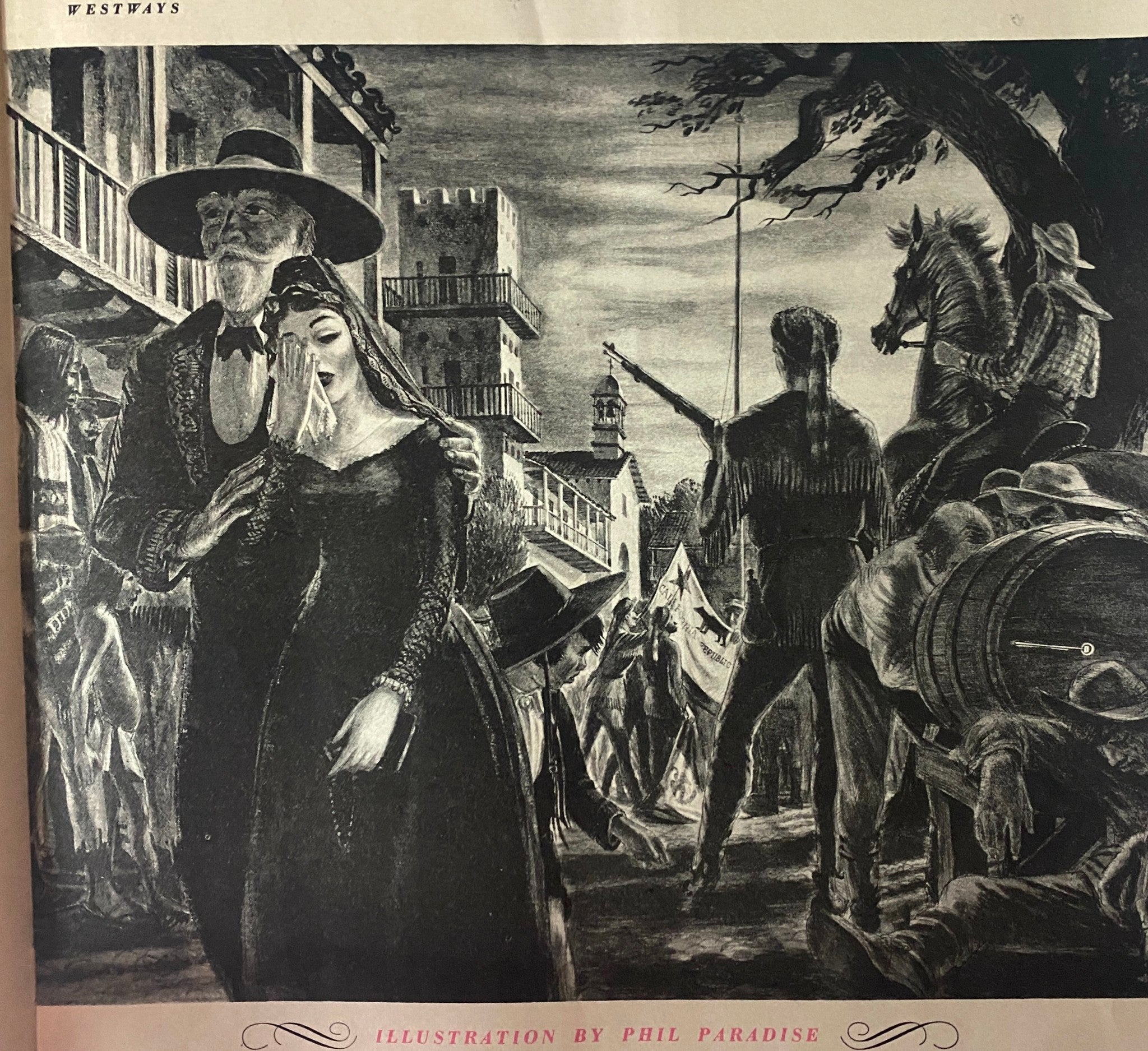 Illustration by Phil Paradise in Westways Magazine June 1946, depicting a historical scene with a dramatic portrayal of characters in a vintage setting.