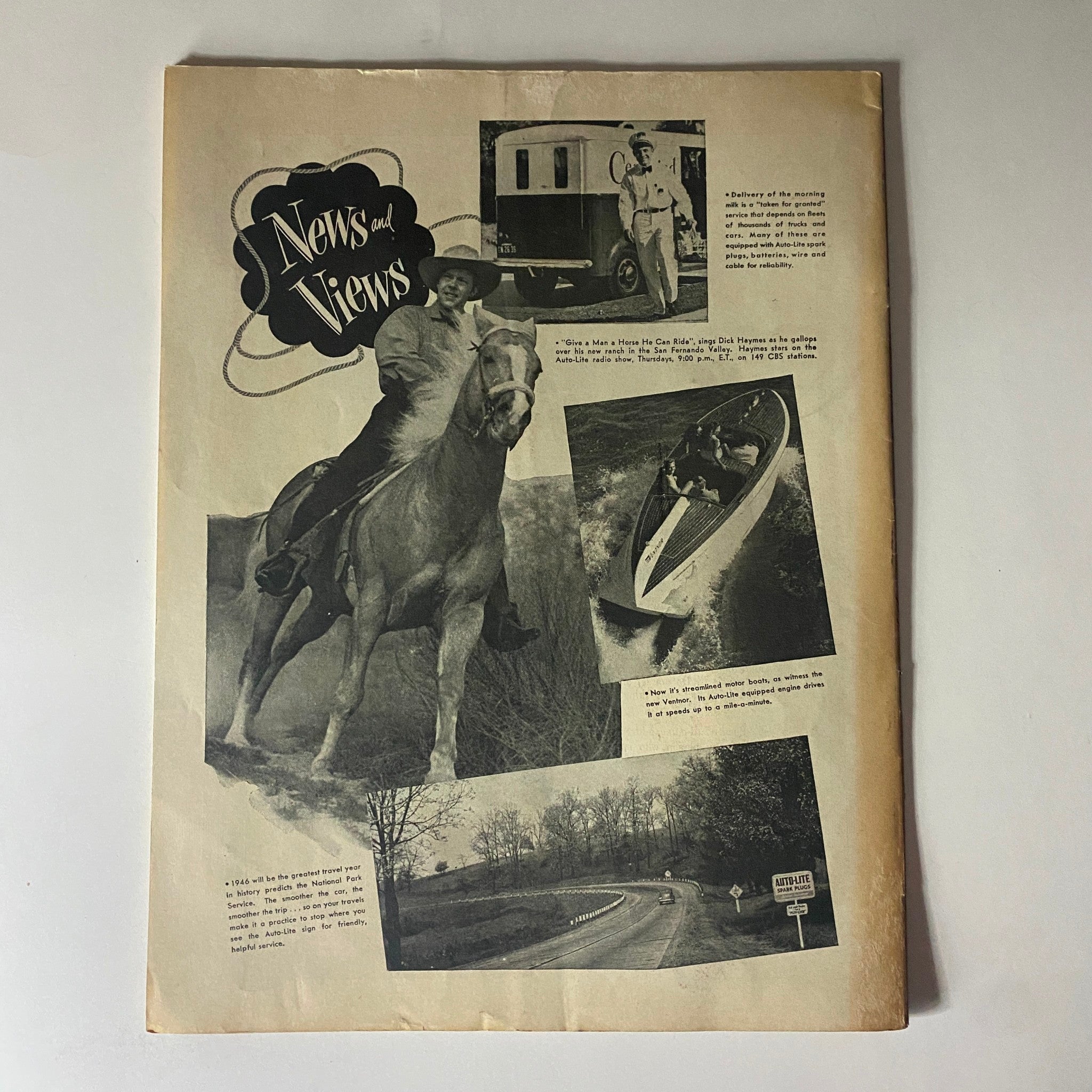 Back cover of Westways Magazine June 1946 featuring various black-and-white photographs showing equestrian activities, water sports, and fashion from mid-20th century America.