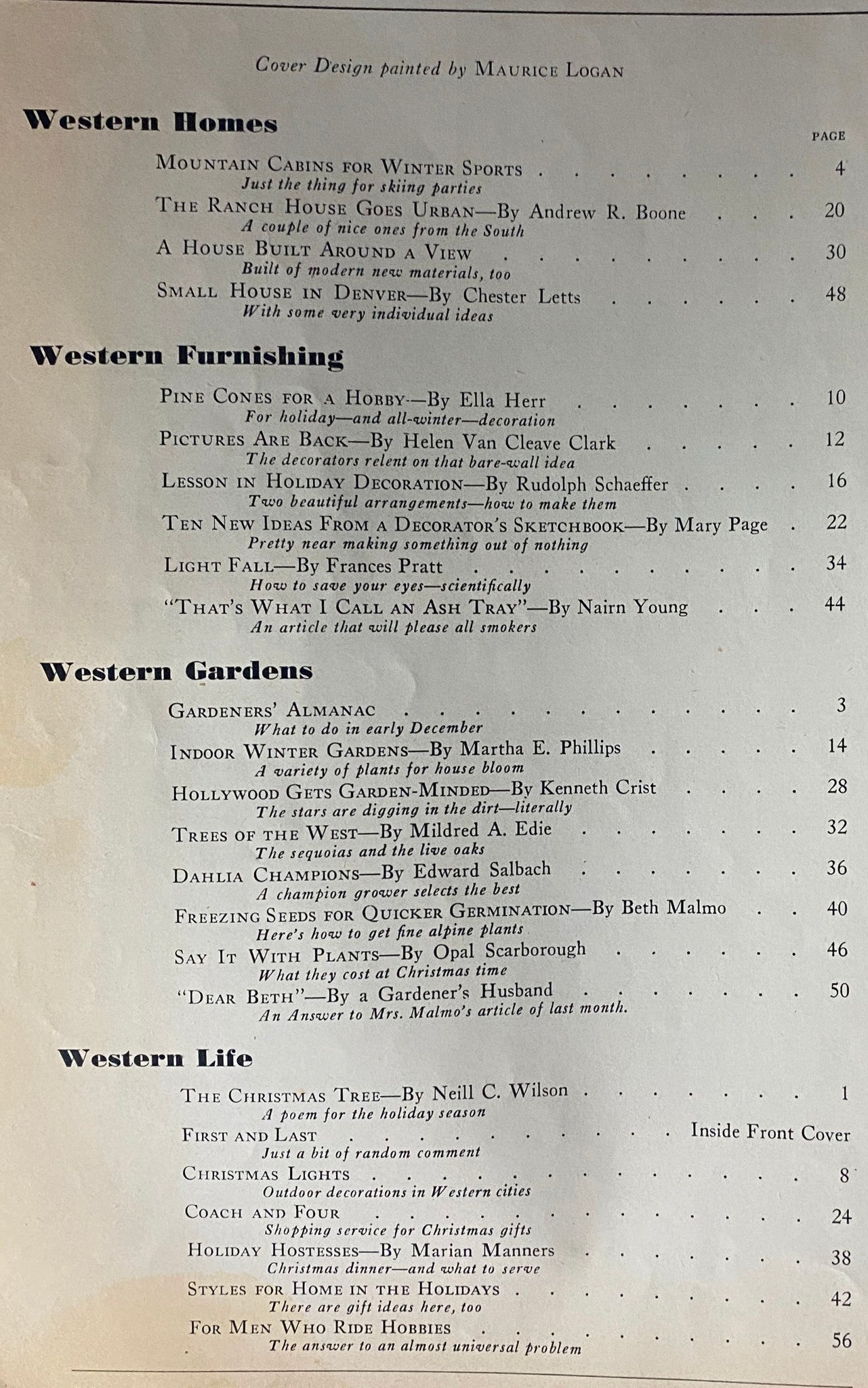 Homes of The West Magazine December 1937 Cover by Maurice Logan No Label