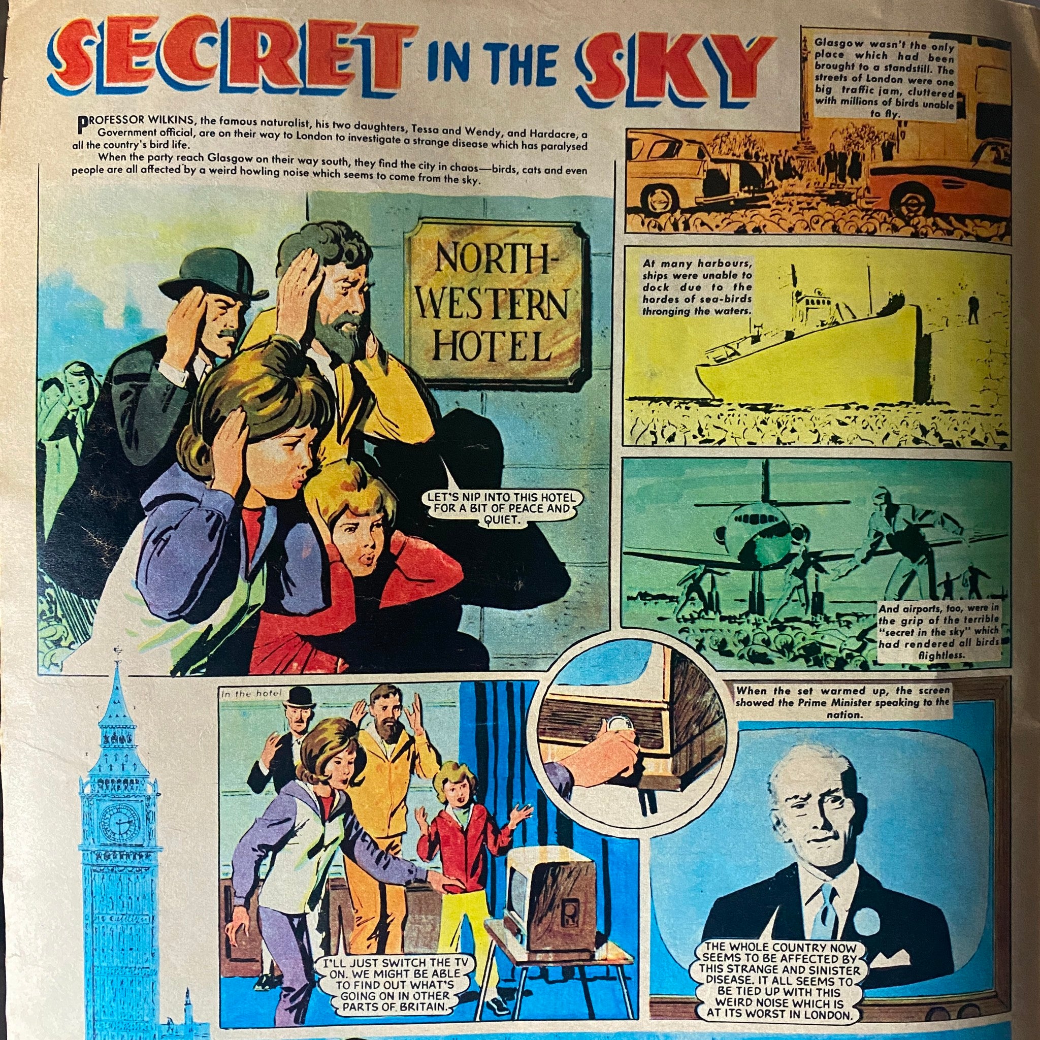 Illustrated panel from 'Diana Super Picture Stories March 1966: Secret in the Sky', featuring characters investigating a mysterious noise in Glasgow, highlighting adventure and suspense themes typical of 1960s British comics.