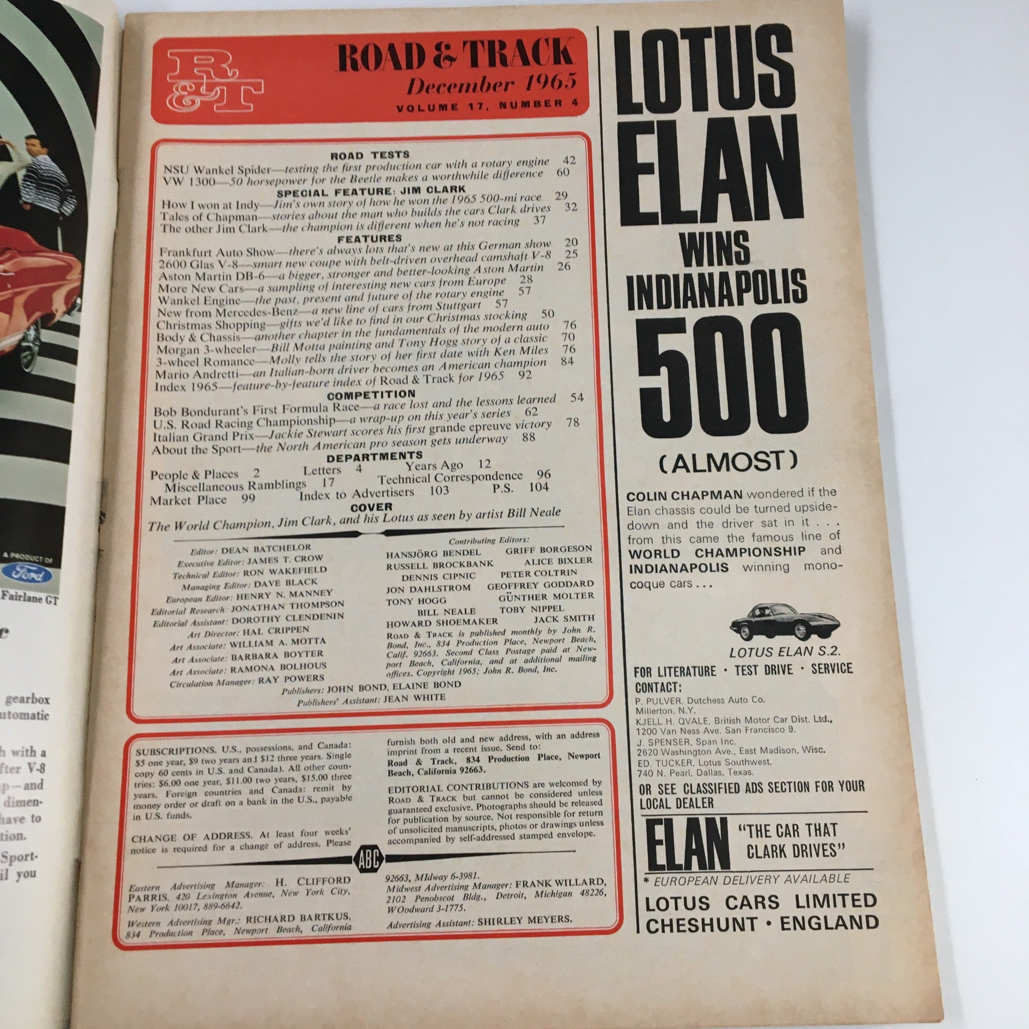 VTG Road & Track Magazine December 1965 Jim Clark's own 500 Victory No Label