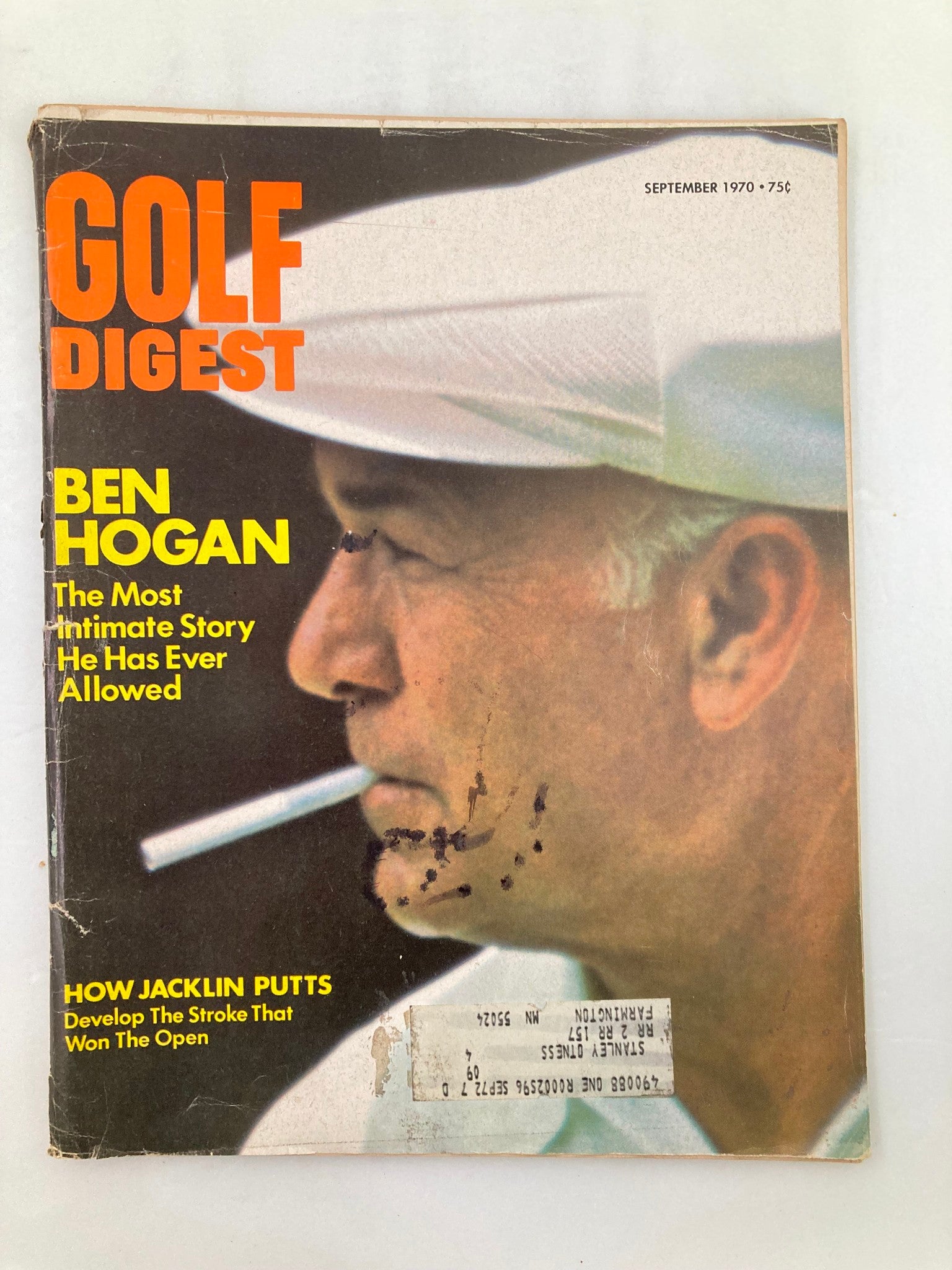 Vintage Golf Digest Magazine from September 1970 featuring Ben Hogan, showcasing his most intimate story, with a close-up of Hogan on the cover, smoking a cigarette.