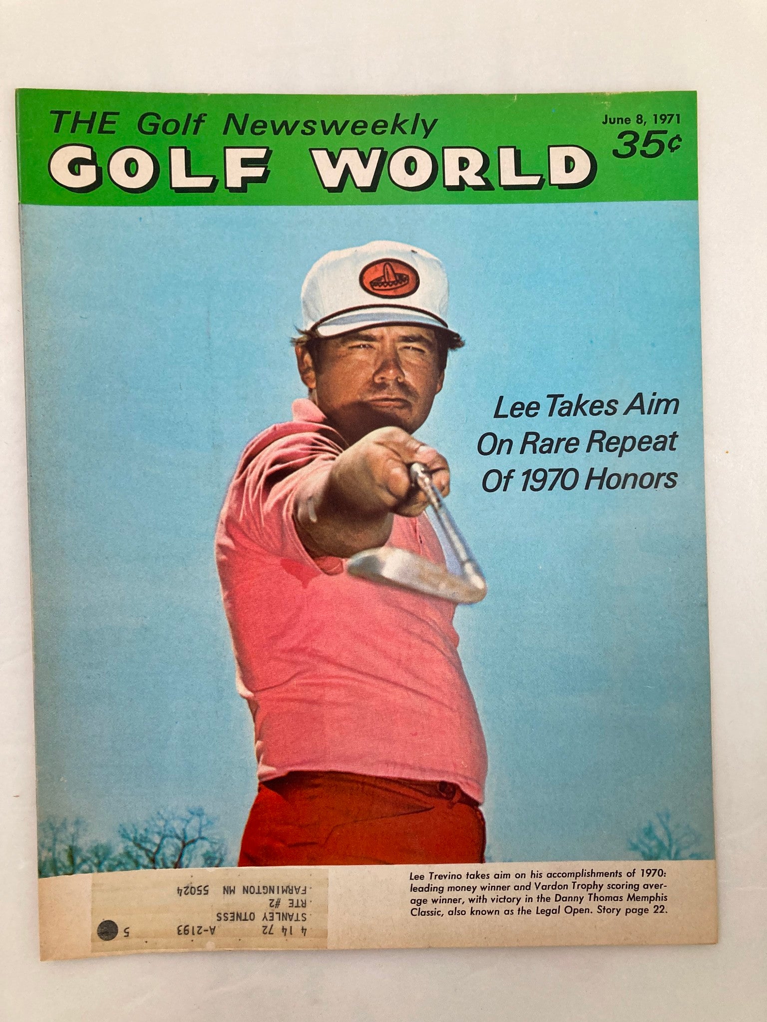 Cover of VTG Golf World Magazine from June 8, 1971, featuring Lee Trevino aiming for a rare repeat of his 1970 honors. The cover includes a vibrant image of Trevino in a pink shirt with a white cap, capturing a historic moment in golf.