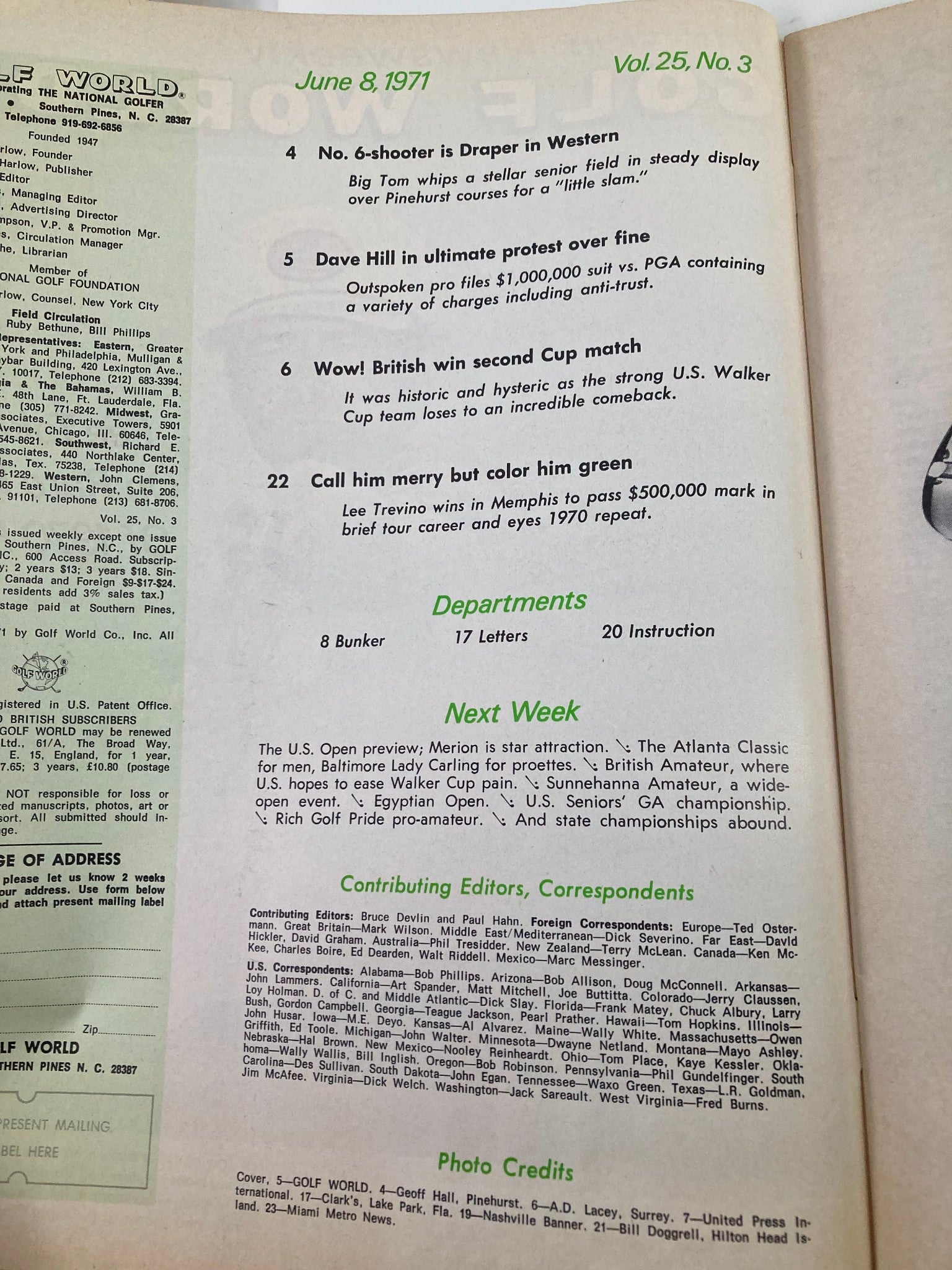 Inside page of VTG Golf World Magazine from June 8, 1971, showcasing various articles and features from that edition. The page lists contributing editors and topics including Lee Trevino and other noteworthy events from the era.