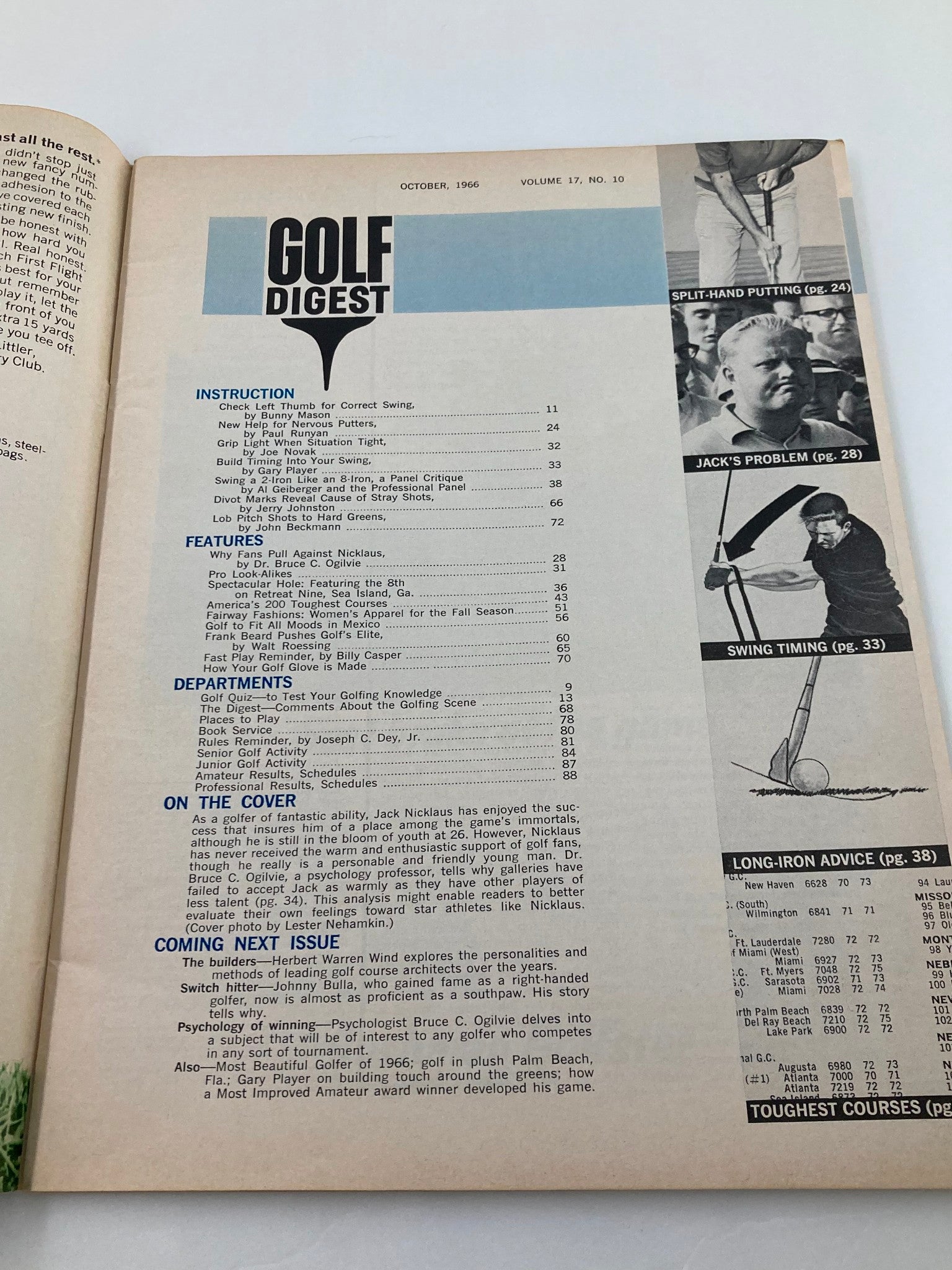 Interior page of VTG Golf Digest Magazine October 1966, Volume 17, Number 10 featuring a table of contents with articles on golf instructions, features, and departments, highlighting Jack Nicklaus on the cover.