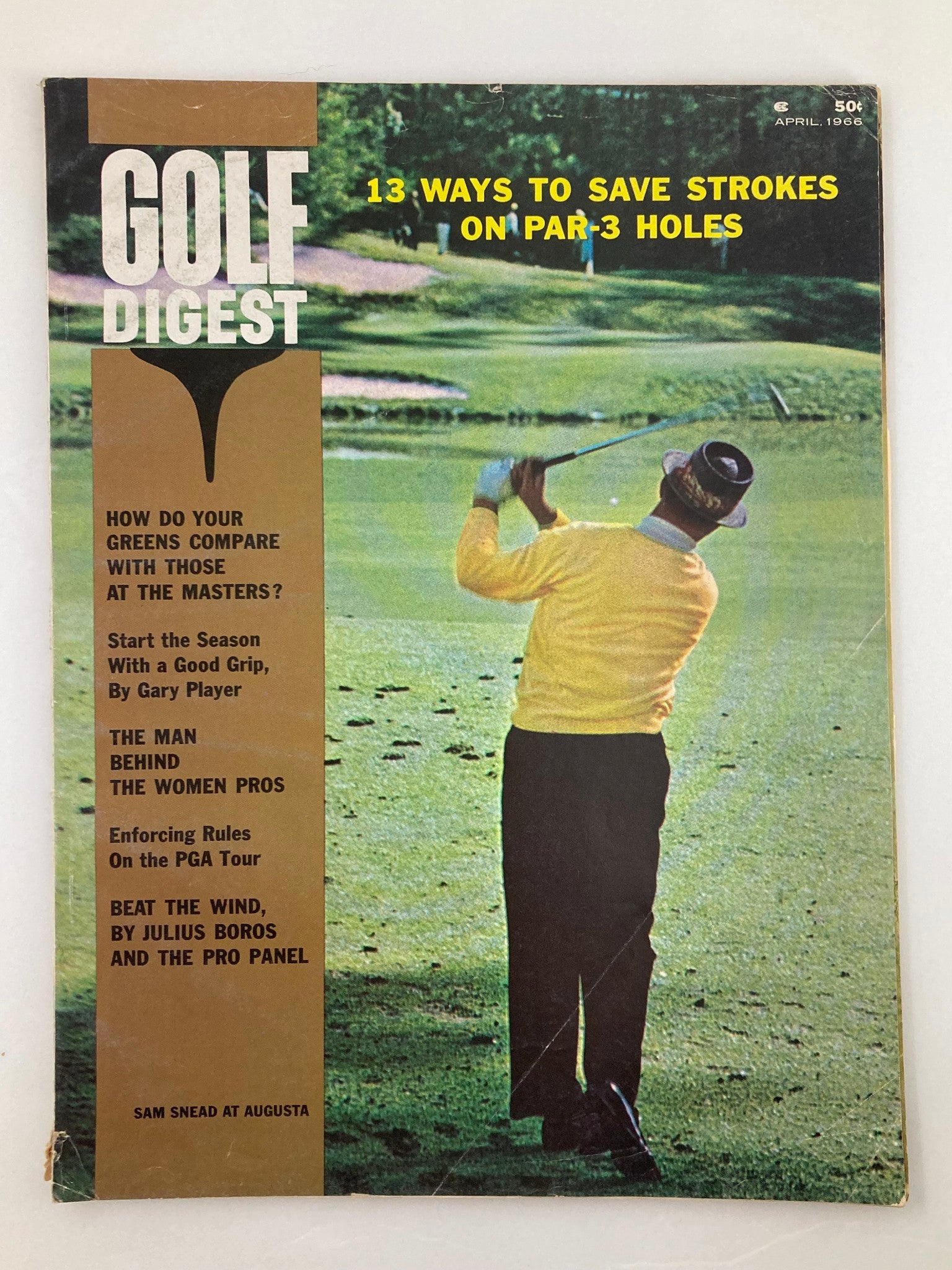 VTG Golf Digest Magazine April 1966 featuring Sam Snead at Augusta National Golf Club. The cover showcases scenic golf scenery, with the title and articles highlighted.