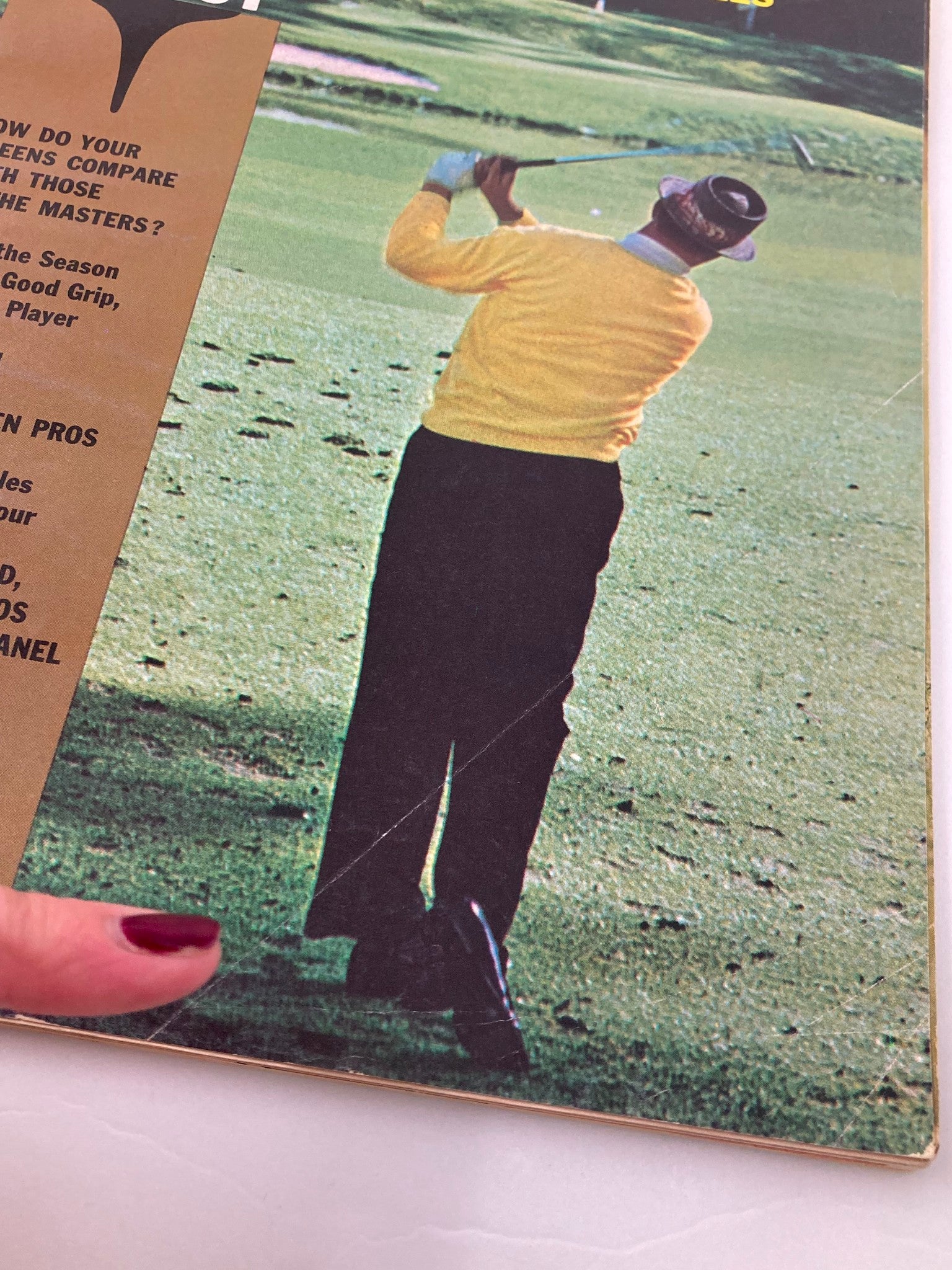 Close-up view of the VTG Golf Digest Magazine April 1966 cover, displaying Sam Snead swinging at Augusta with text details of featured articles.