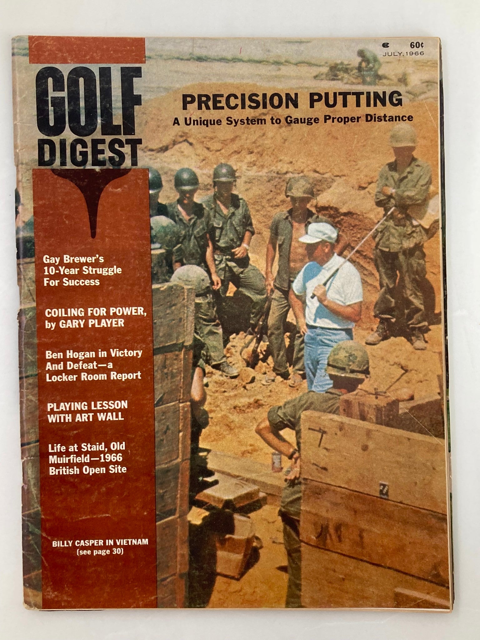 Cover of VTG Golf Digest Magazine July 1966 featuring the title 'Precision Putting: A Unique System to Gauge Proper Distance' with a historical photograph of soldiers and a golf instructor.