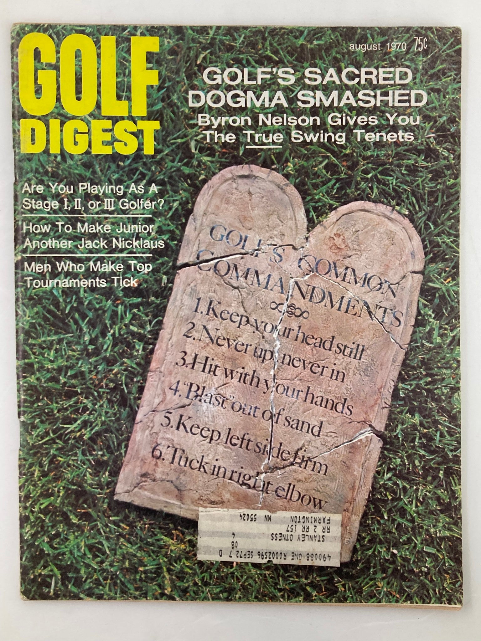 VTG Golf Digest Magazine August 1970 cover featuring Byron Nelson with the headline 'Golf's Sacred Dogma Smashed' and 'The True Swing Tenets'. The magazine displays golf tips inscribed on stone tablets, showcasing insights from the legendary golfer.