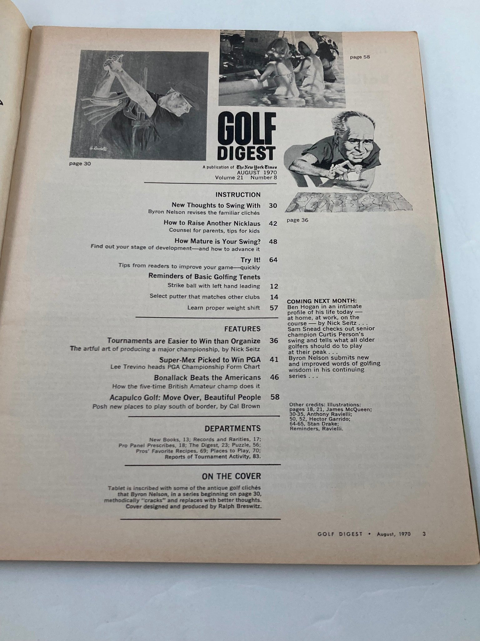 Table of contents from the VTG Golf Digest Magazine, August 1970, featuring Byron Nelson's insights on swing techniques and various articles on golf.