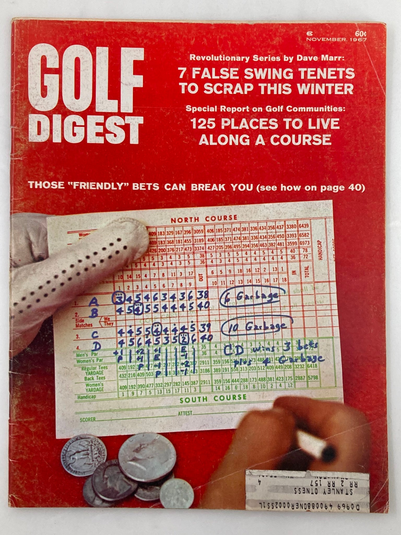 Cover of Golf Digest Magazine November 1967, featuring articles on golf betting and tips, with a golf scorecard and coins on the cover.