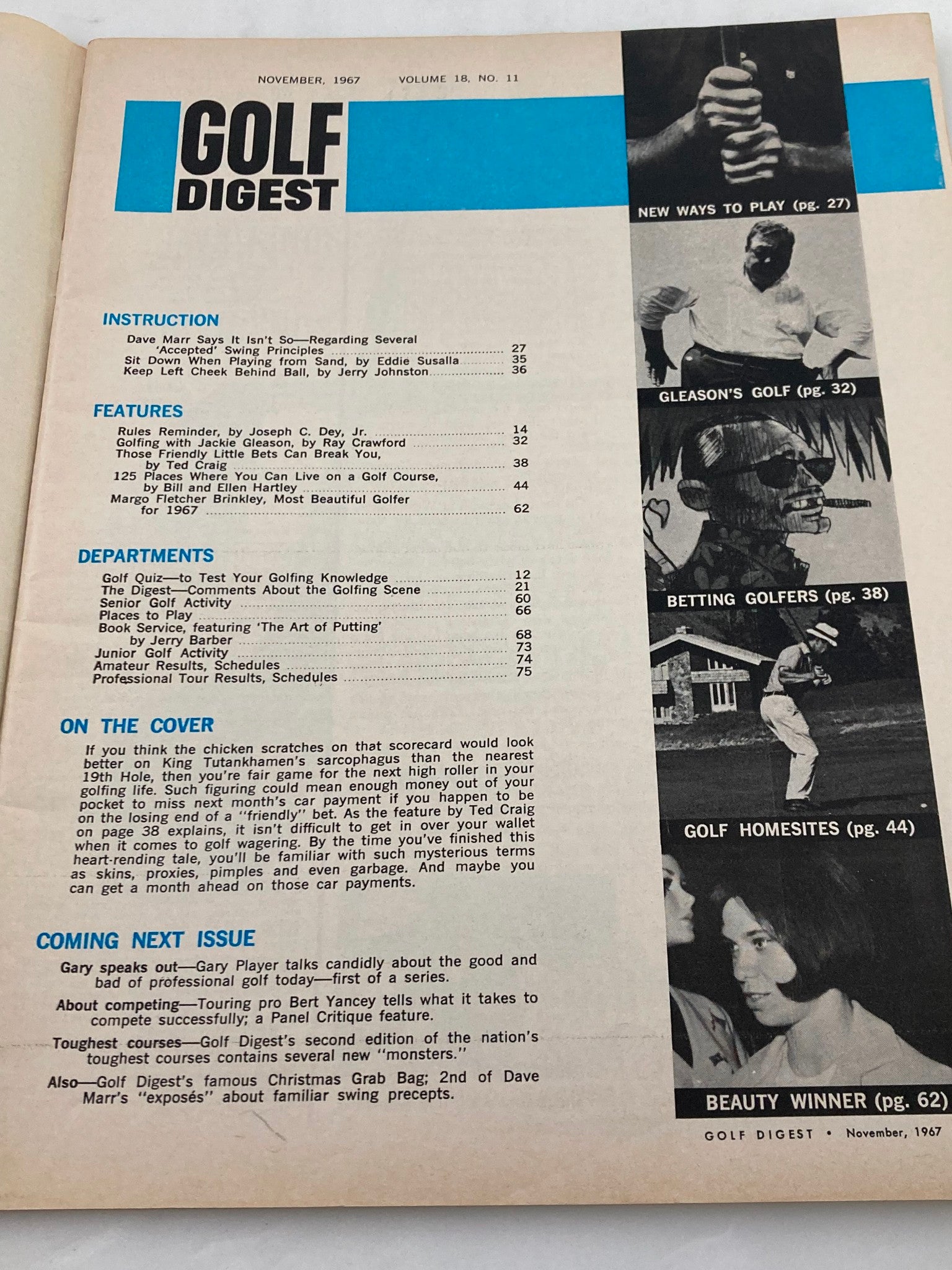 Inside page of the November 1967 Golf Digest magazine titled 'Those 'Friendly' Bets Can Break You', showcasing the table of contents and key articles related to golfing advice and culture.