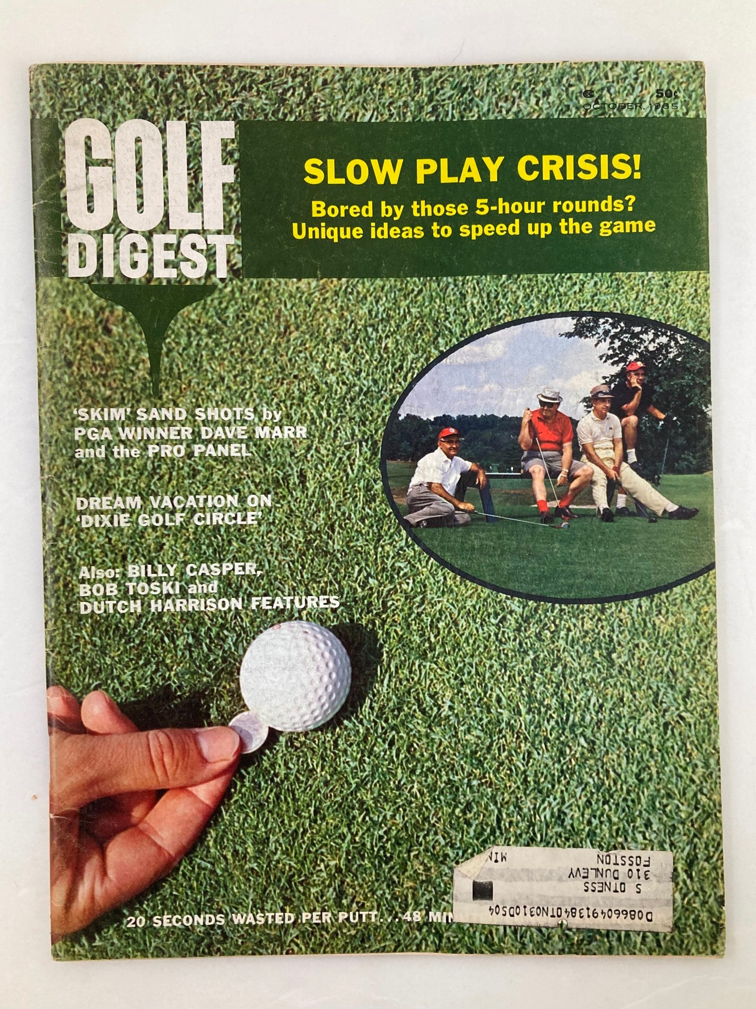 VTG Golf Digest Magazine October 1965 cover featuring the headline 'Slow Play Crisis!' and images of golfers with a golf ball. This vintage magazine discusses slow play in American golf and offers insights into enhancing the golfing experience.