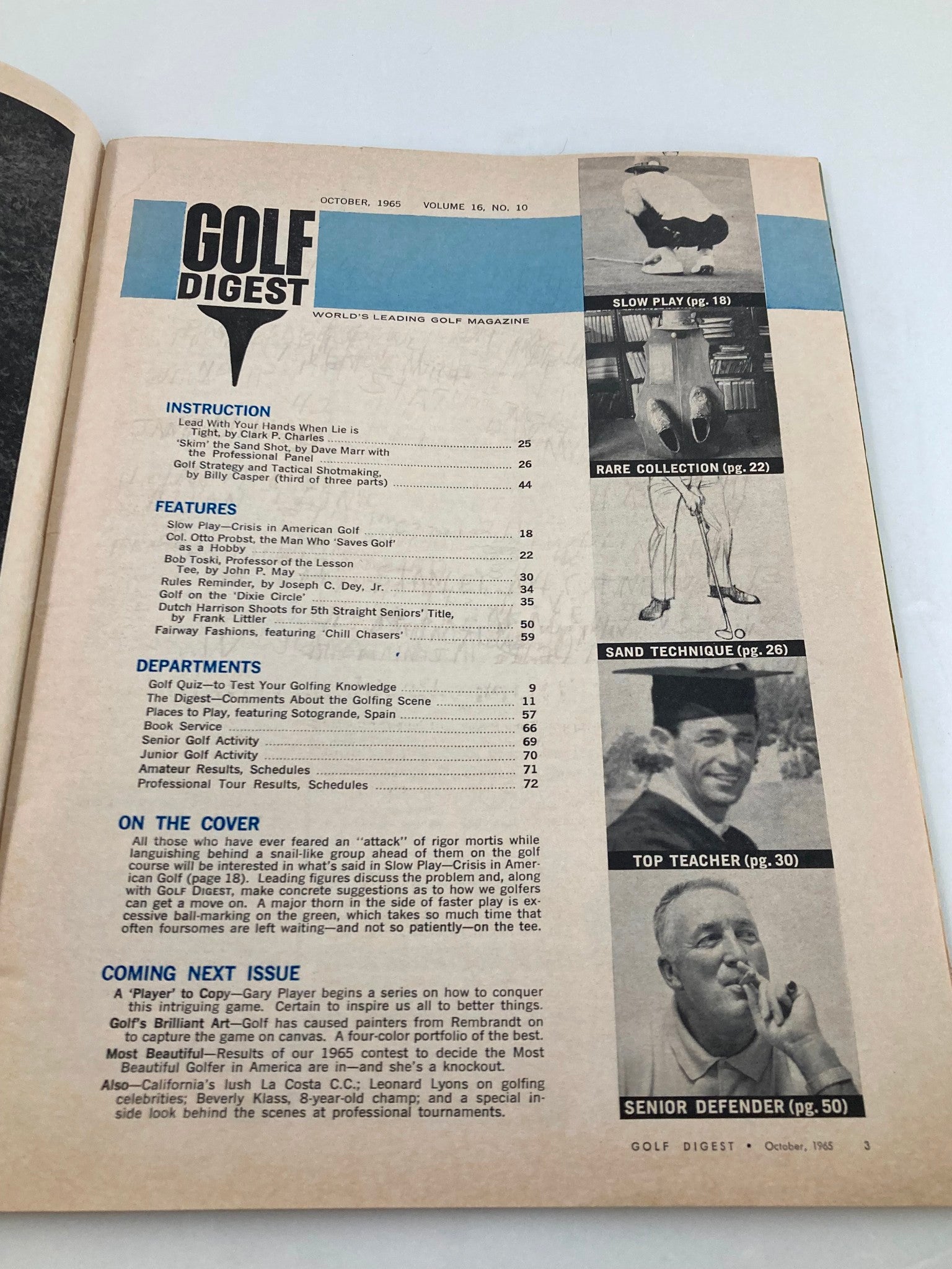 VTG Golf Digest Magazine October 1965 Table of Contents, featuring slow play and articles on golf techniques and tips.