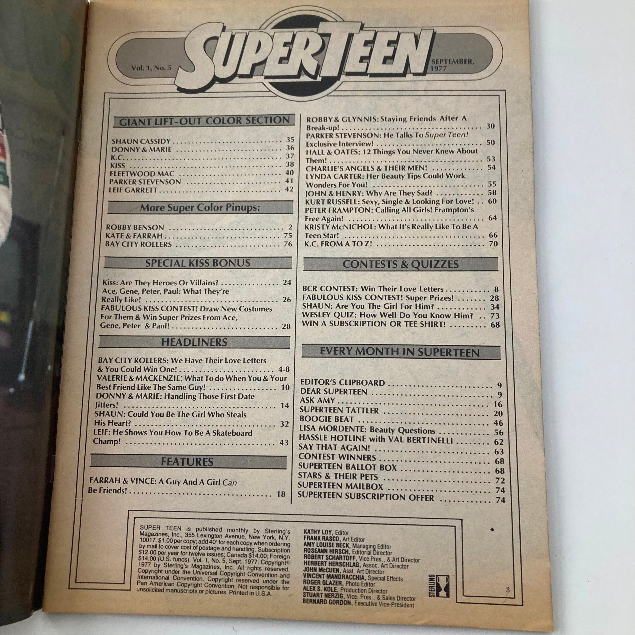 VTG Super Teen Magazine September 1977 Vol 1 #5 Kiss, Shaun Cassidy No Label