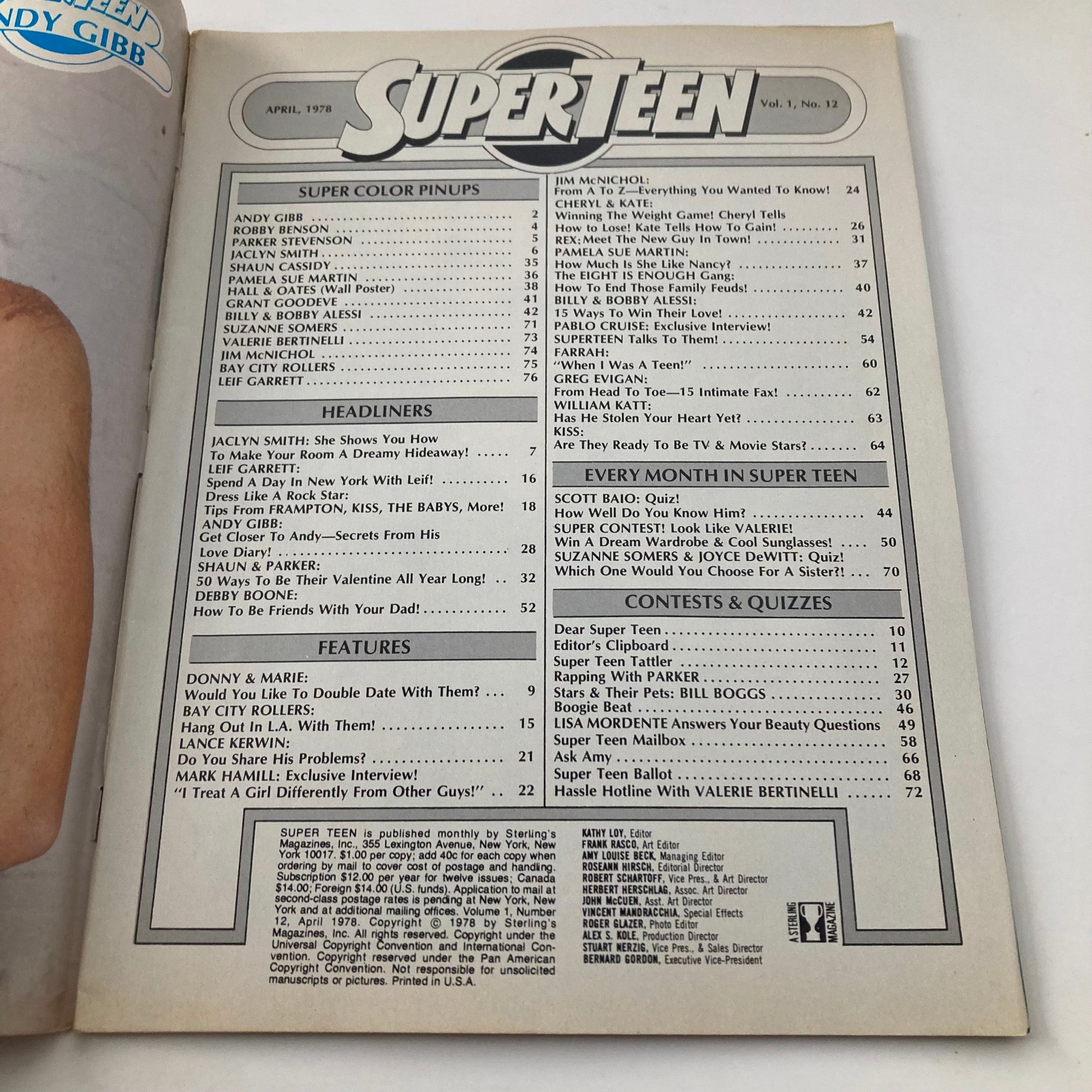 VTG Super Teen Magazine April 1978 Vol 1 No. 12 Andy Gibb, Debby Boone No Label