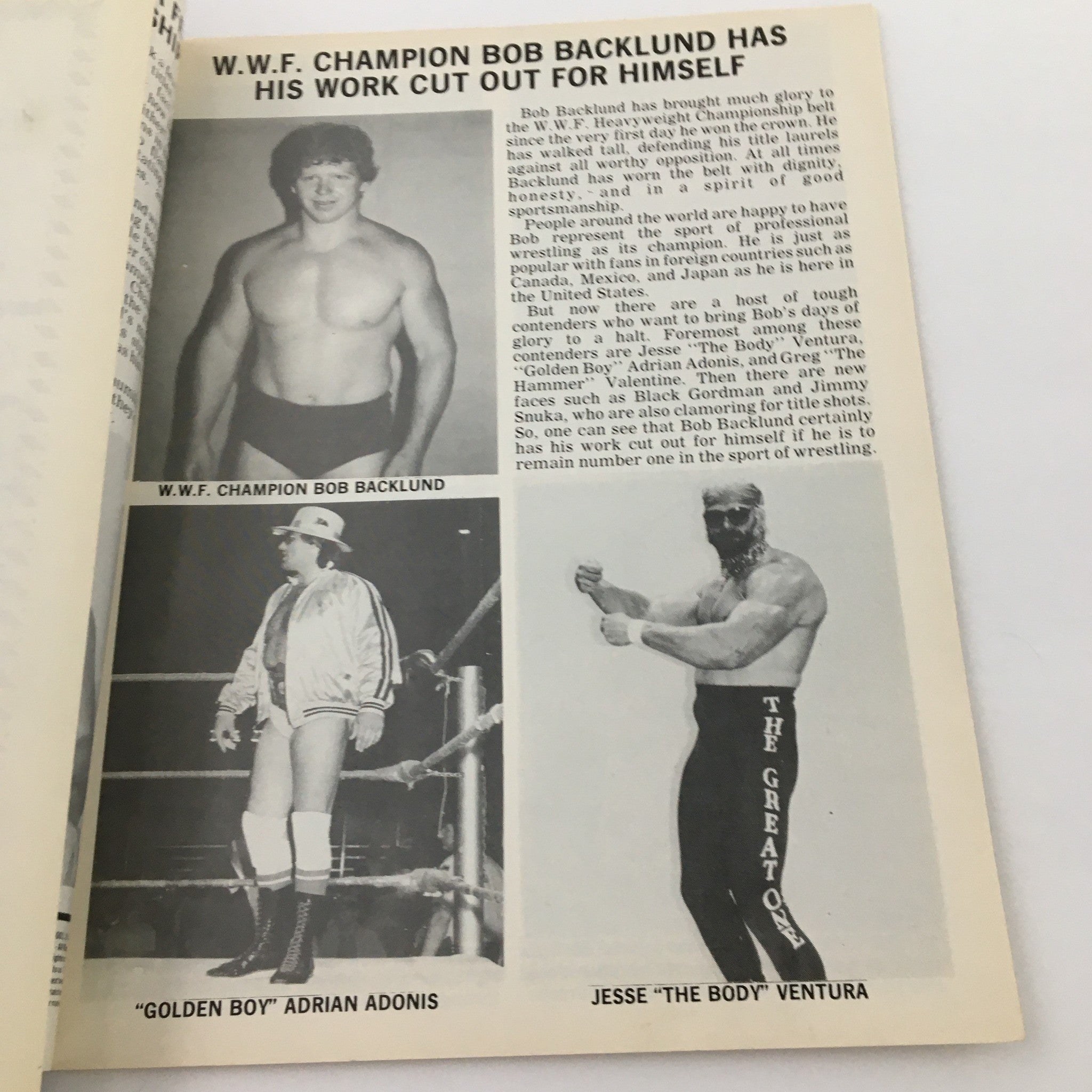 Interior page of WWF Major League Wrestling Official Souvenir Program #145 showcasing an article about WWF Champion Bob Backlund and wrestlers Adrian Adonis and Jesse 'The Body' Ventura.