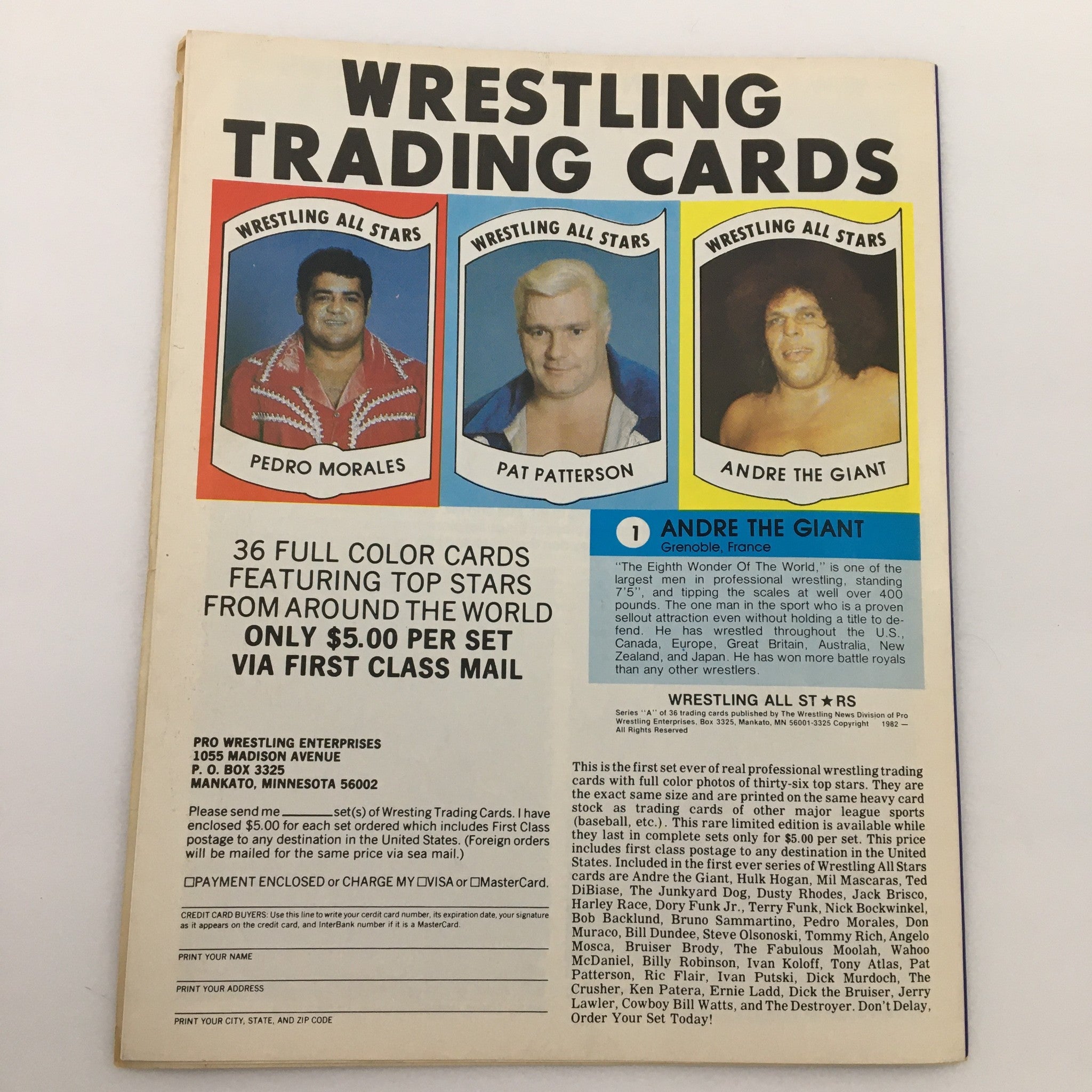 Back cover of WWF Major League Wrestling Official Souvenir Program #145 advertising Wrestling Trading Cards featuring famous wrestling stars such as Pedro Morales, Pat Patterson, and Andre the Giant.