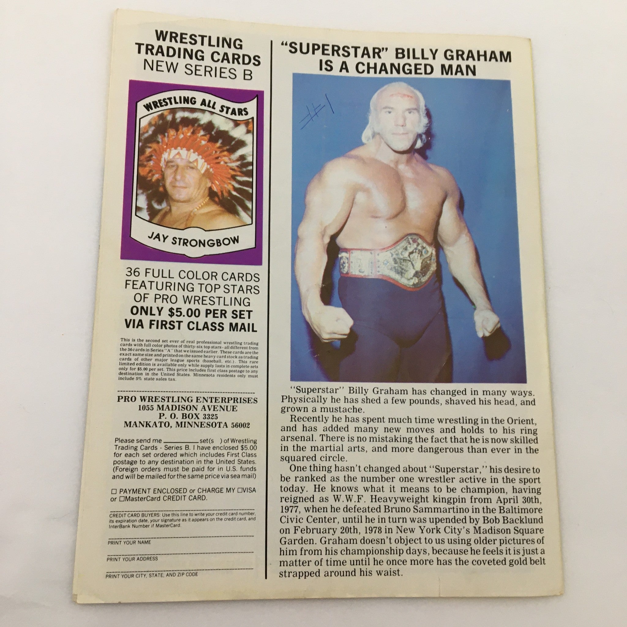 Back cover of WWF Major League Wrestling Official Souvenir Program 1982 #161, promoting wrestling trading cards and featuring 'Superstar' Billy Graham.