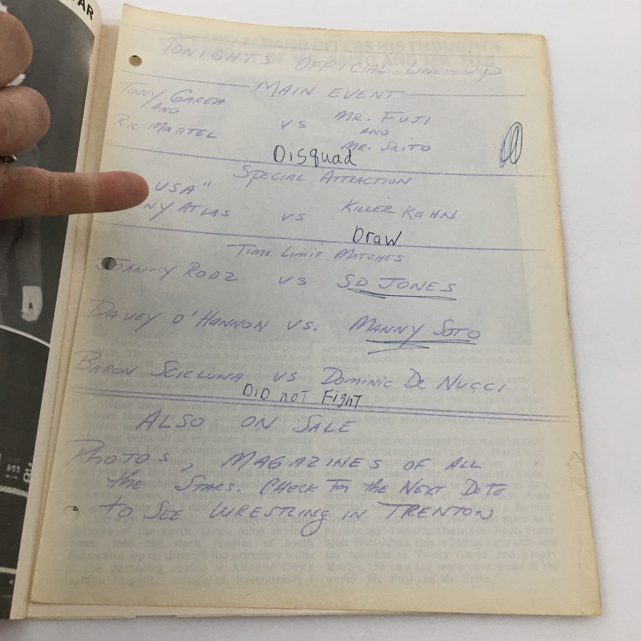 The event schedule page from the WWF Major League Wrestling Official Souvenir Program 1981 #139, featuring handwritten match details including main events and participants, highlighting the excitement of the wrestling scene in the early 1980s.