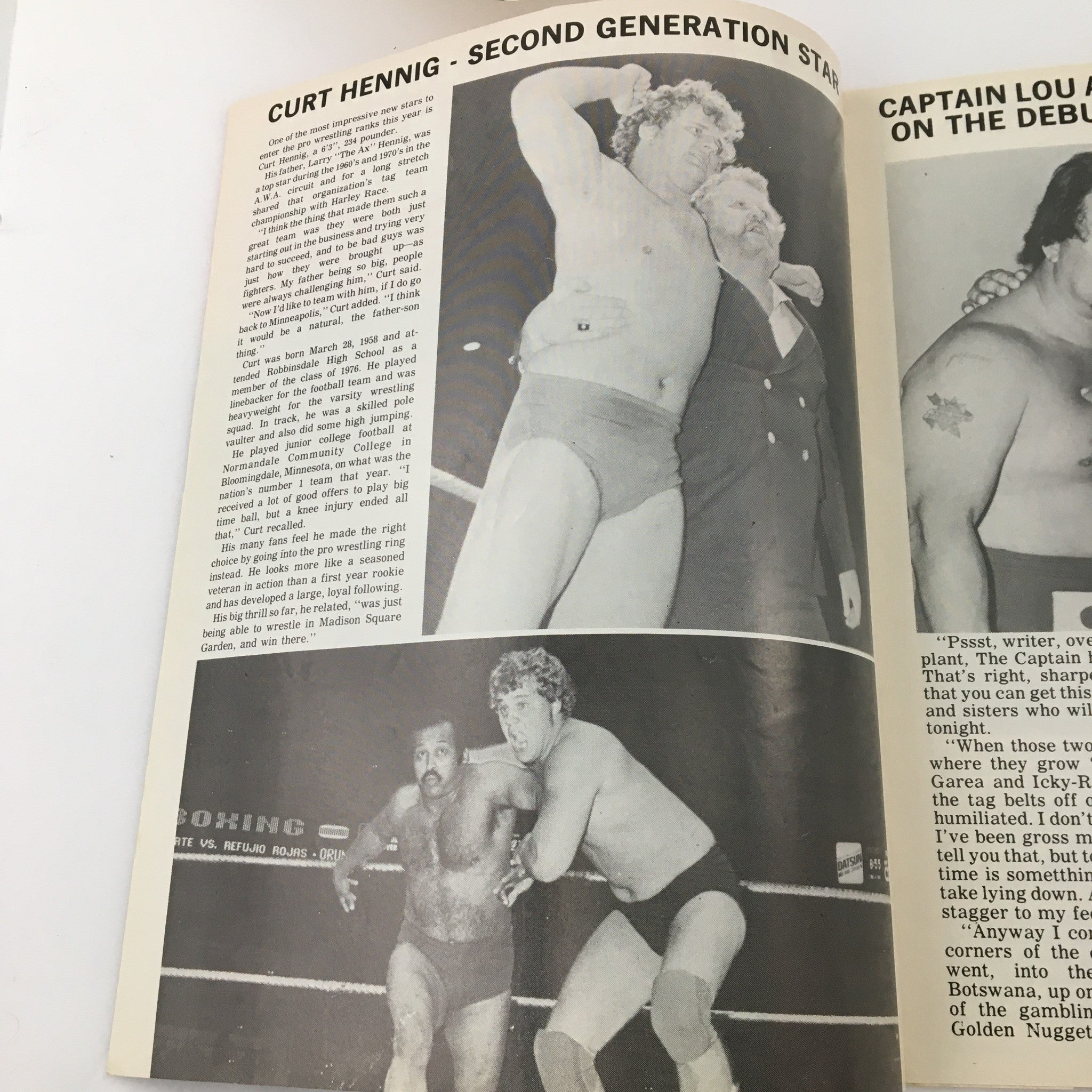 WWF Major League Wrestling Official Souvenir Program 1981 featuring Curt Hennig, showcasing his wrestling action and quotes, highlighting Hennig as a second-generation wrestling star.