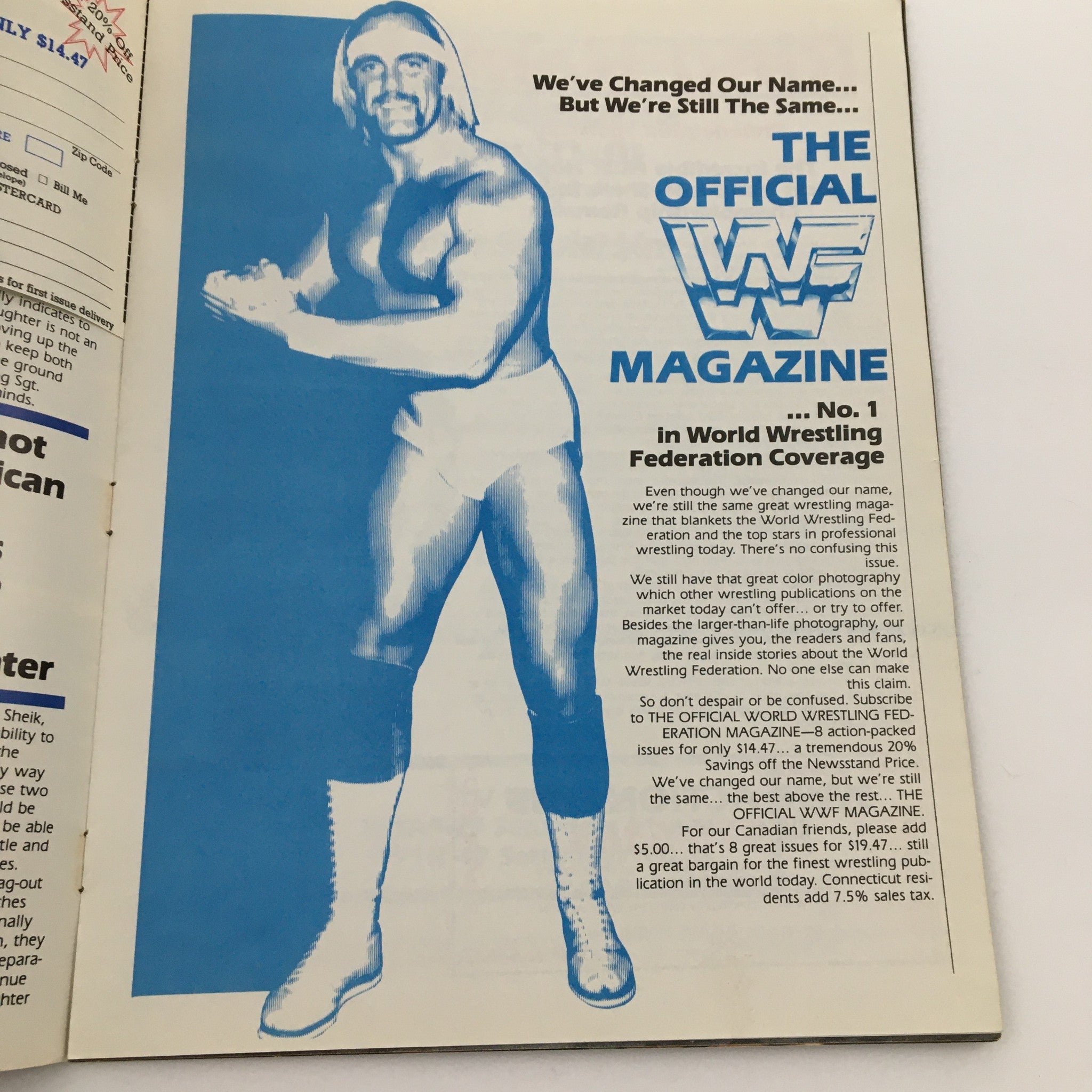 An advertisement page from WWF Program 1984 featuring a blue-toned image of a muscular wrestler promoting the official WWF magazine.