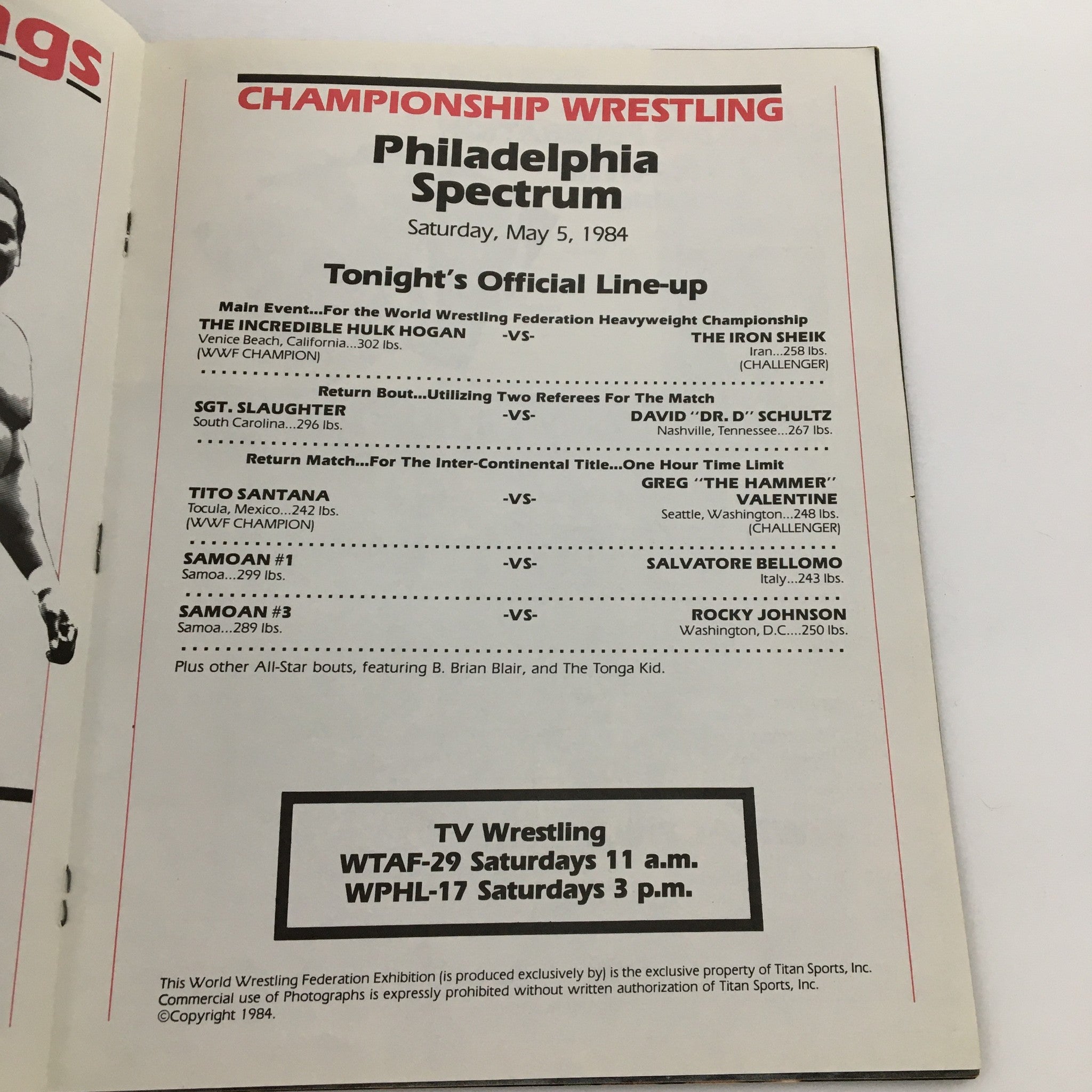 The lineup page from WWF Program 1984 detailing the Philadelphia Spectrum wrestling events, including matches featuring Hulk Hogan and Tito Santana.