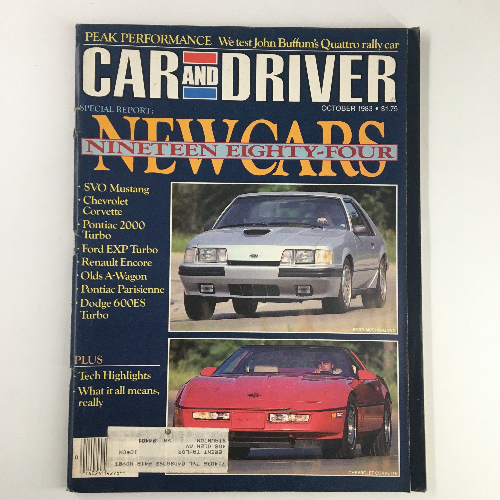 Car and Driver Magazine October 1983 Ford Mustang SVO and Chevrolet Corvette