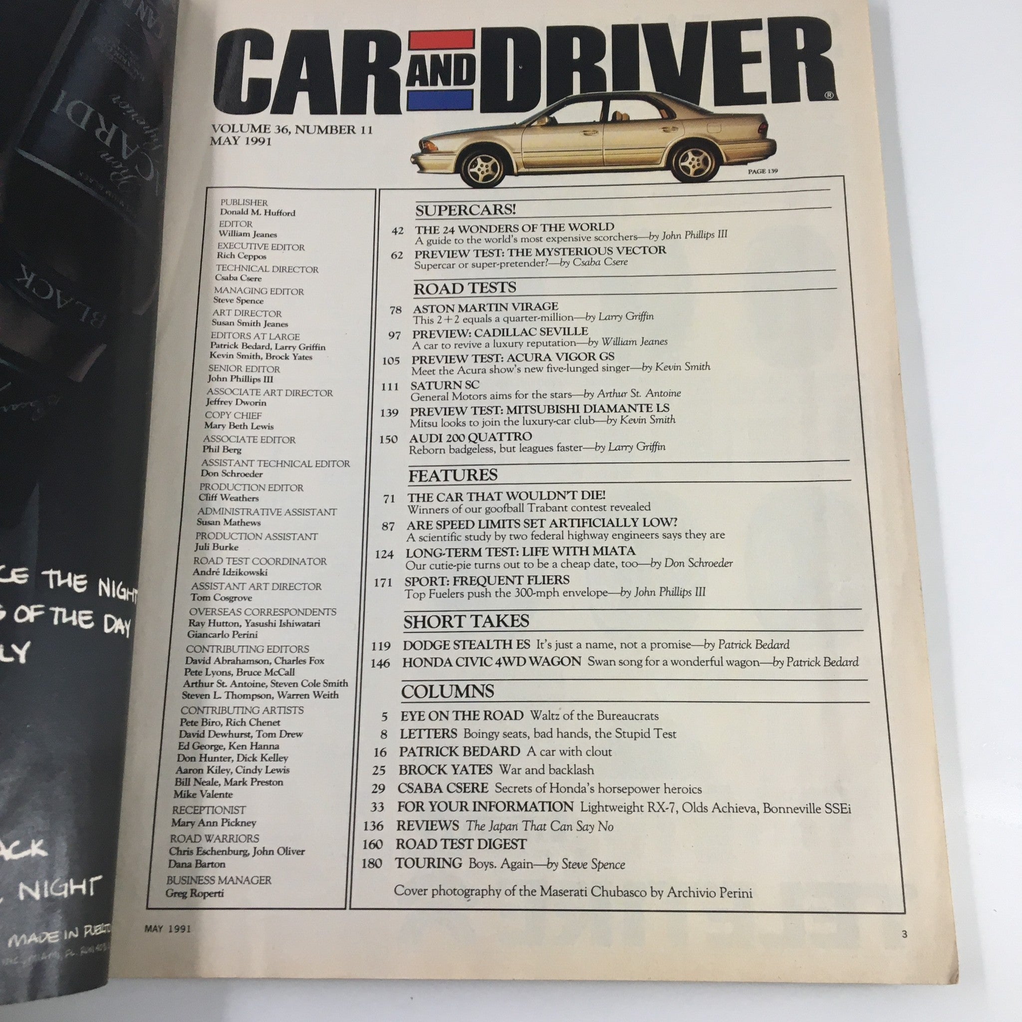 Car and Driver Magazine May 1991 The New Acura Vigor, Saturn & Cadillac Seville