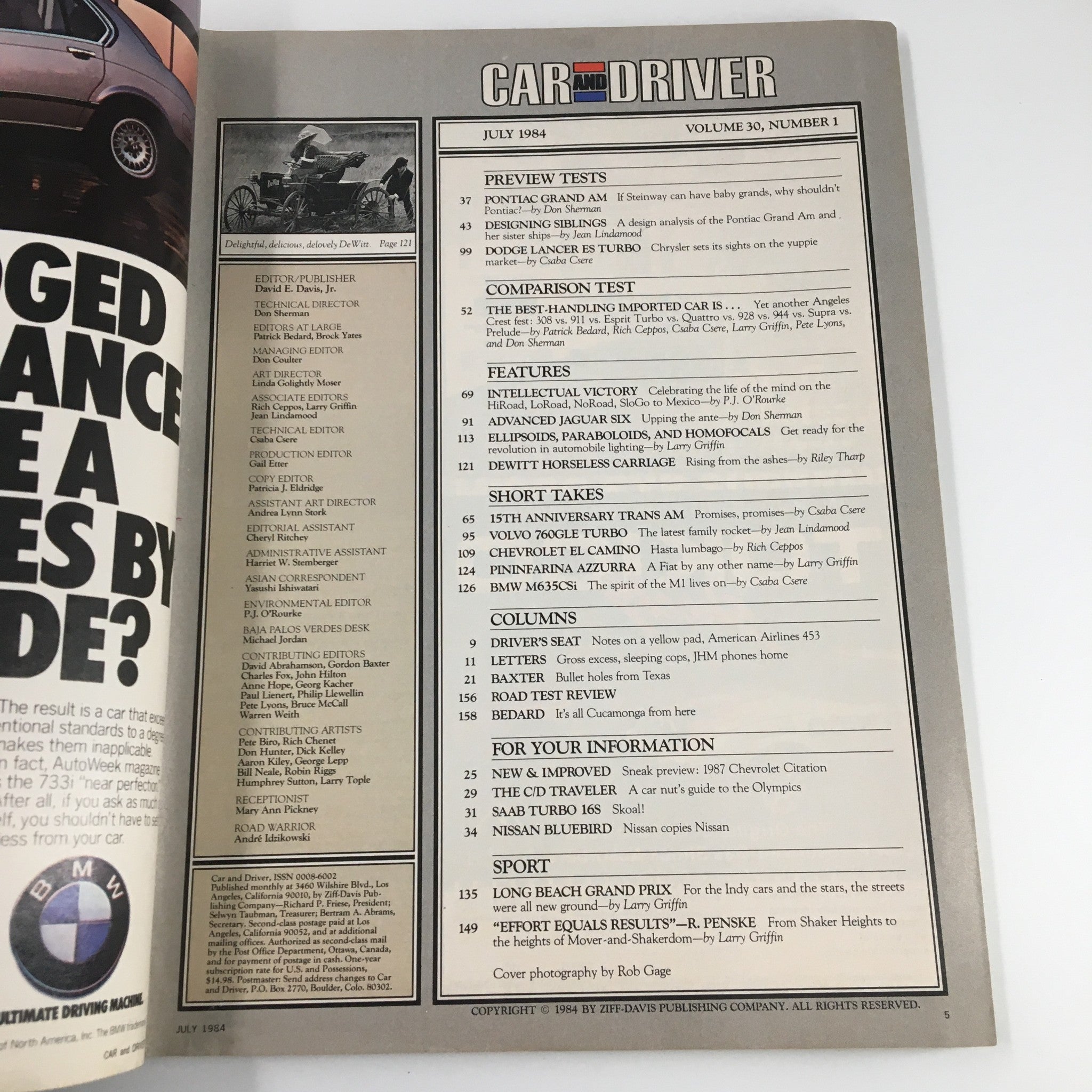 Car and Driver Magazine July 1984 Porsche vs Ferrari vs Lotus vs Toyota vs Audi