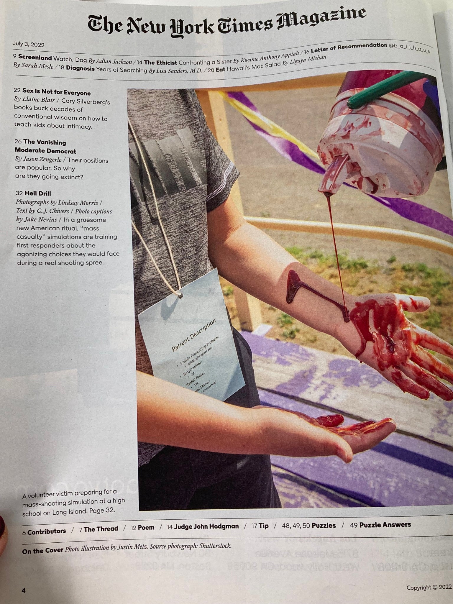 Inside page of The New York Times Magazine July 3, 2022, showcasing the article 'The Vanishing Moderate Democrat' amidst other content, illustrating the complex landscape of American politics.