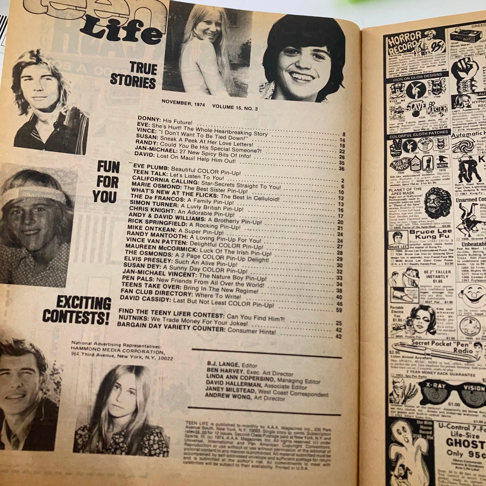 VTG Teen Life Magazine November 1974 Donny and Marie Osmond No Label